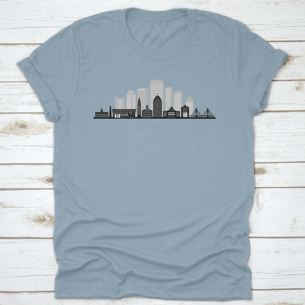 BOSTON Massachusetts SKYLINE City Silhouette t-shirt displayed on a mannequin, showcasing its classic fit and quality fabric.