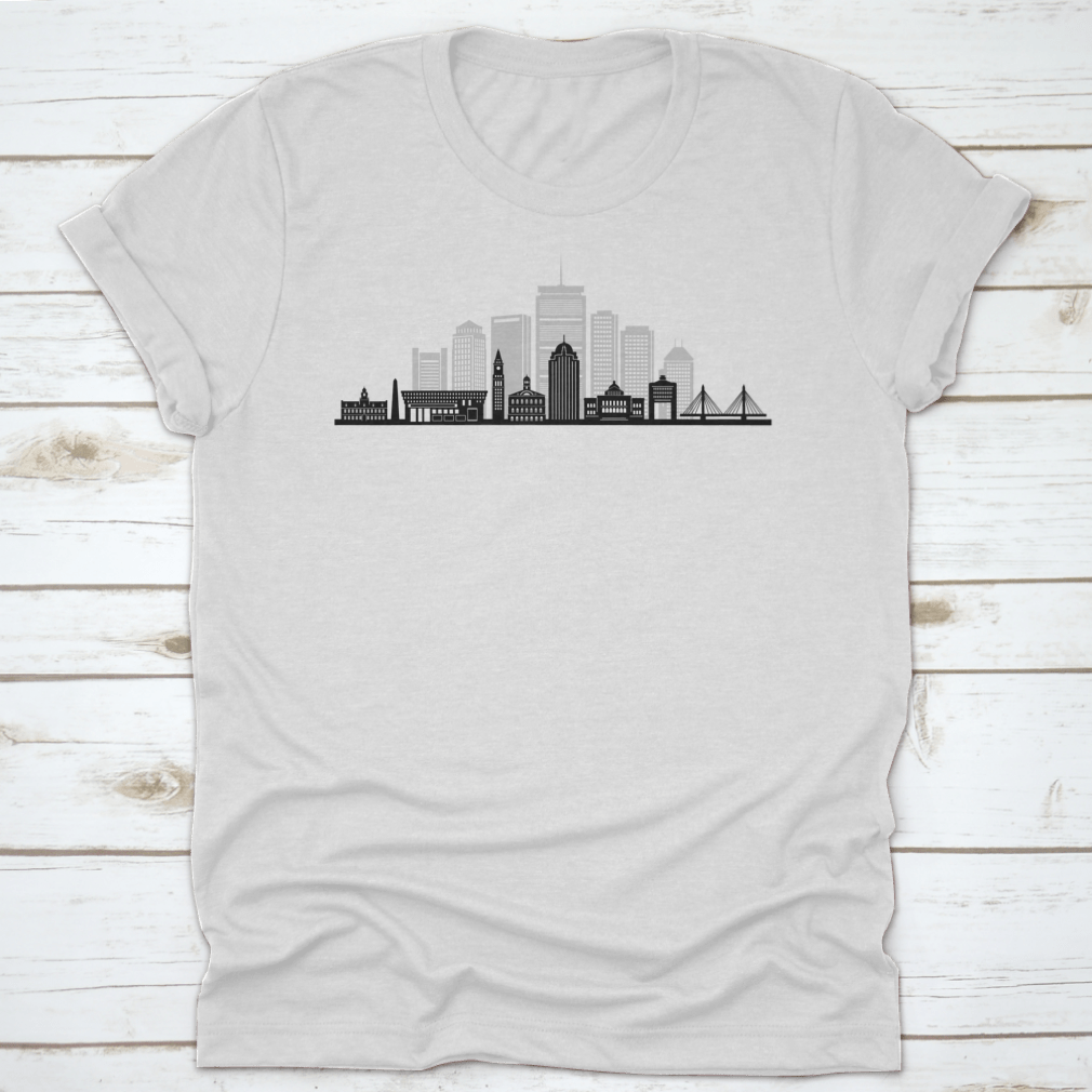 BOSTON Massachusetts SKYLINE City Silhouette t-shirt displayed on a mannequin, showcasing its classic fit and quality fabric.