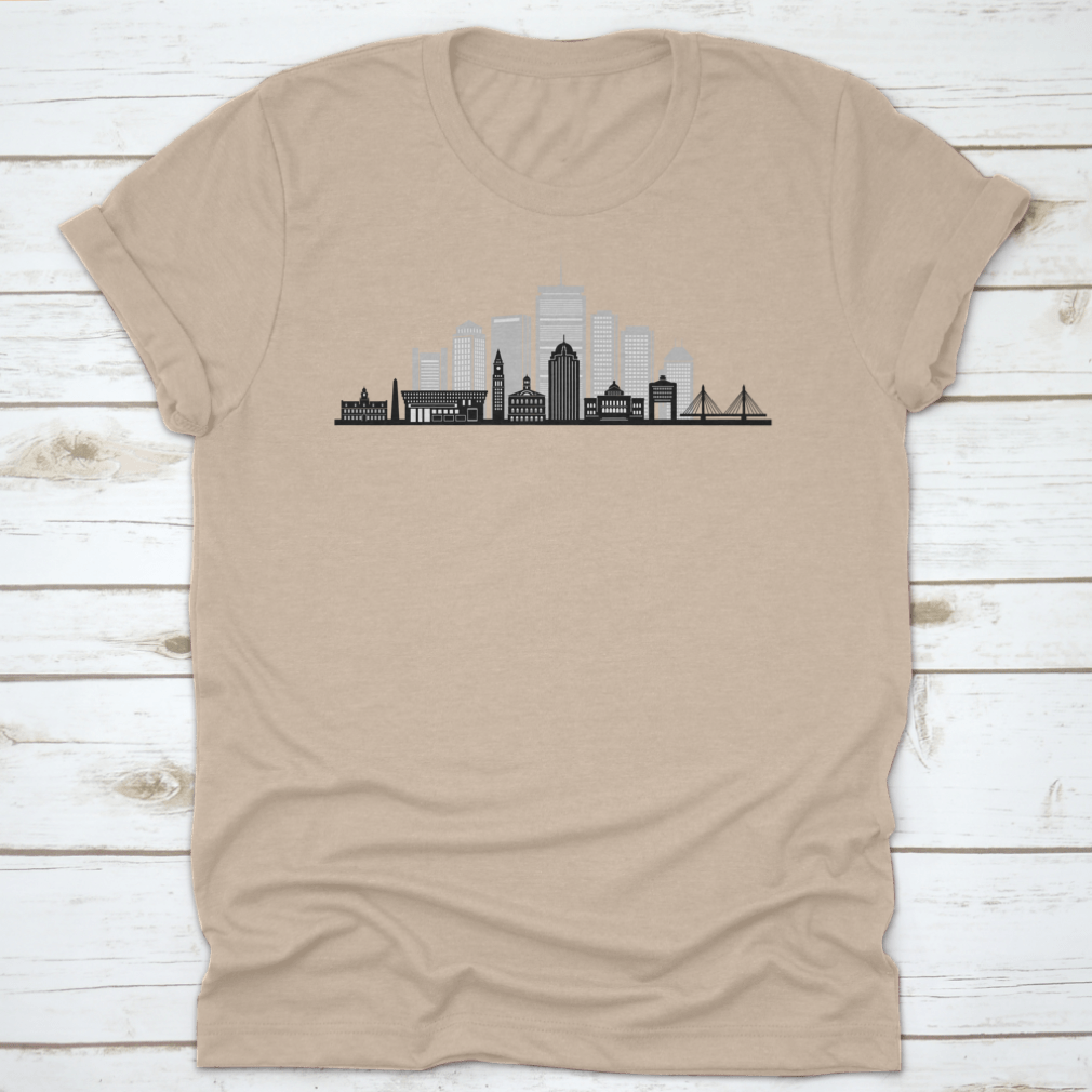 BOSTON Massachusetts SKYLINE City Silhouette t-shirt displayed on a mannequin, showcasing its classic fit and quality fabric.