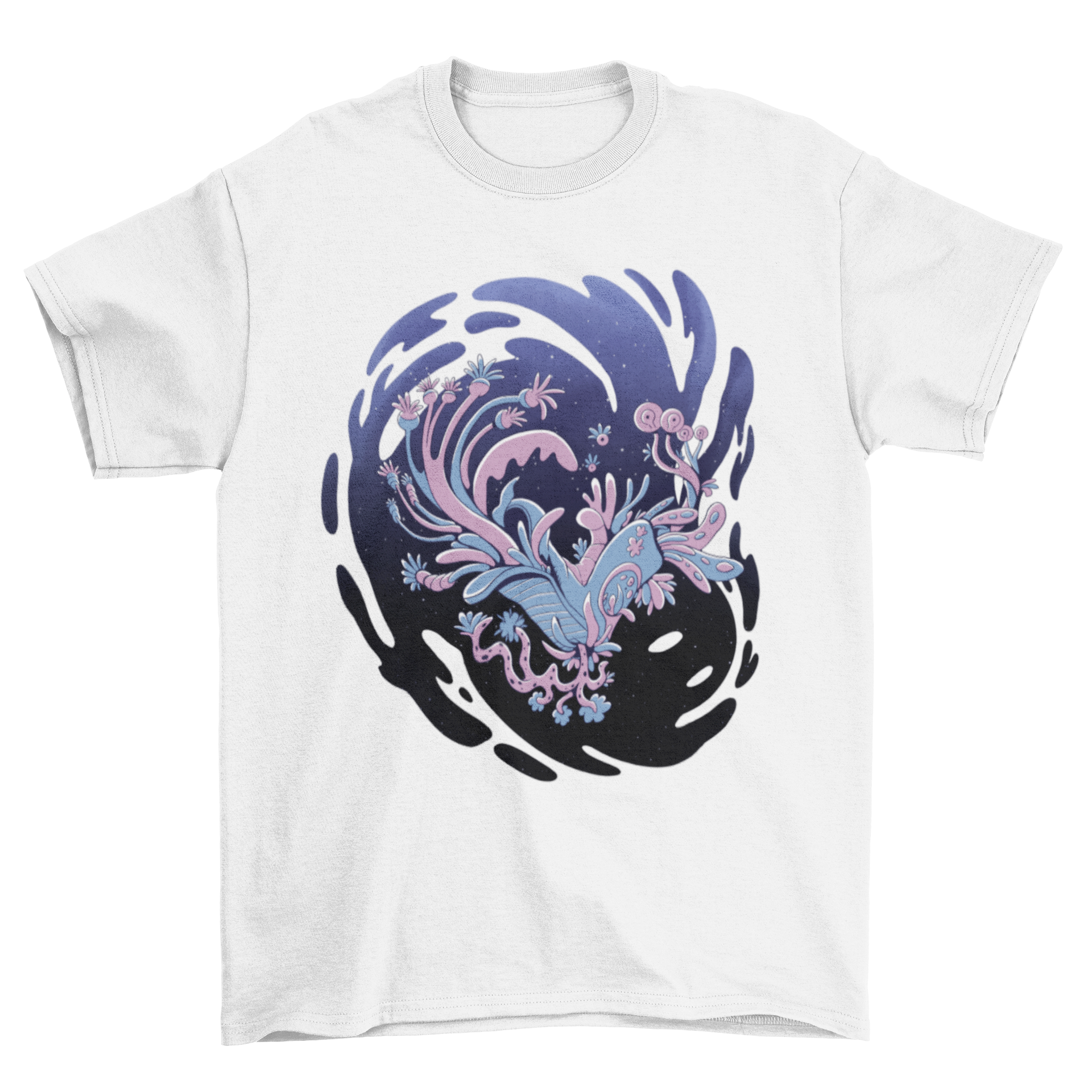 A stylish t-shirt featuring an abstract monster design with floral elements, showcasing a unique blend of art and fashion.