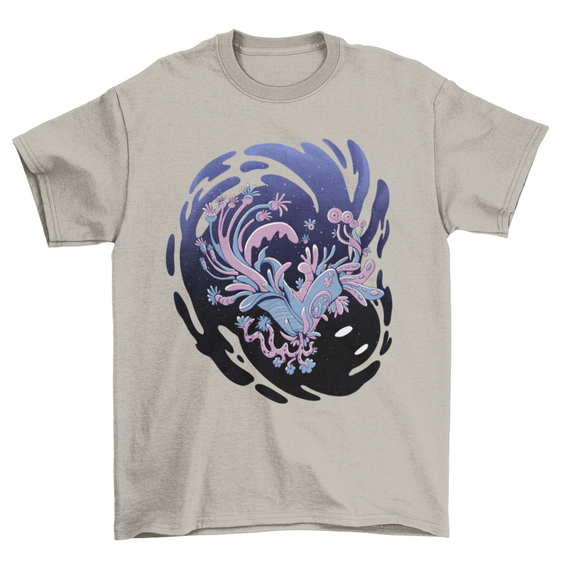 A stylish t-shirt featuring an abstract monster design with floral elements, showcasing a unique blend of art and fashion.