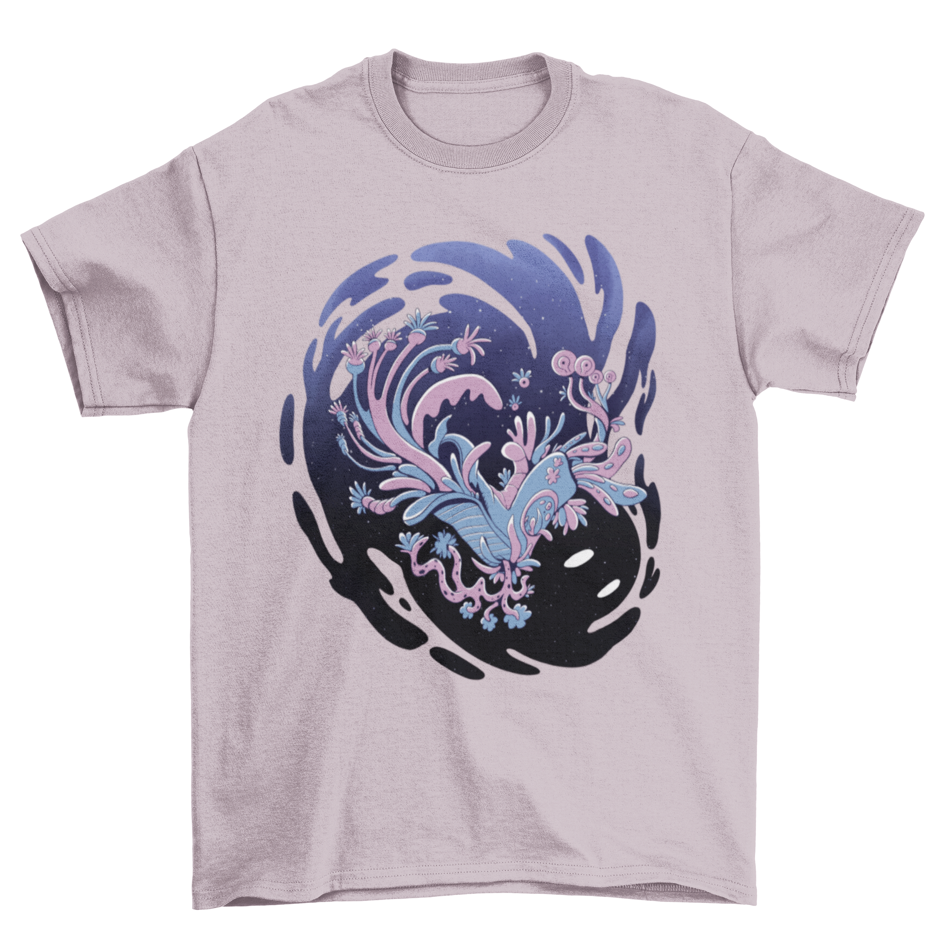 A stylish t-shirt featuring an abstract monster design with floral elements, showcasing a unique blend of art and fashion.