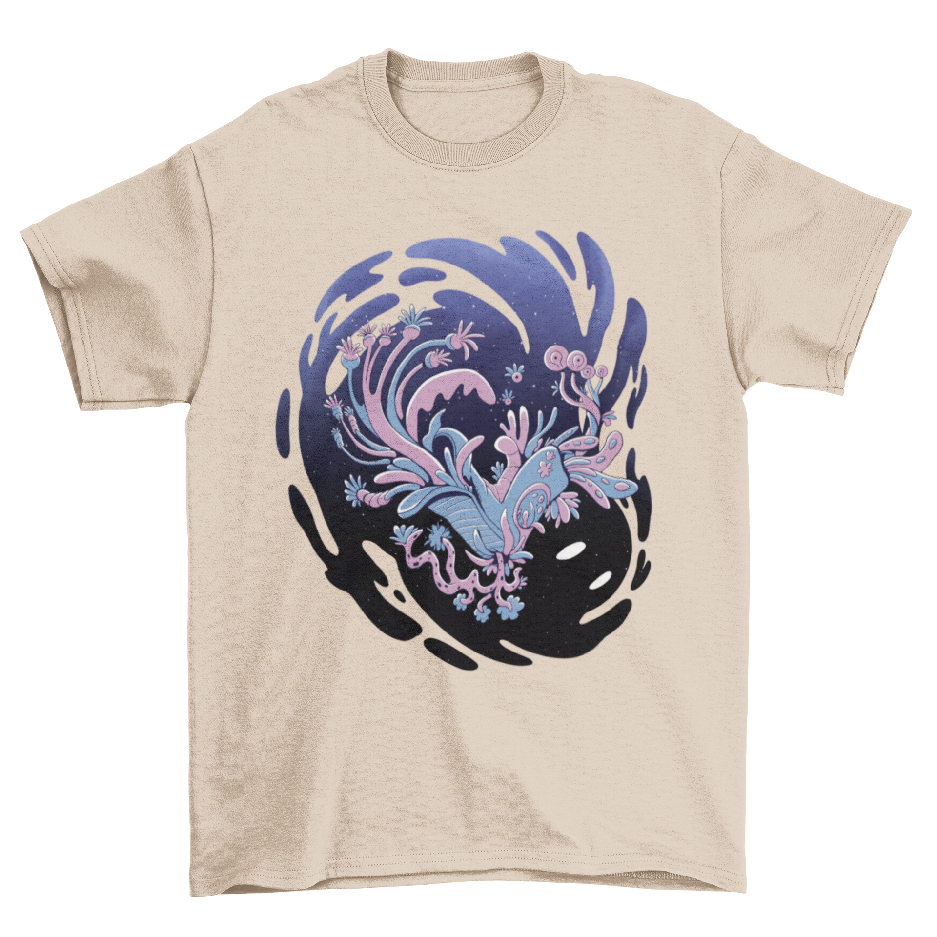 A stylish t-shirt featuring an abstract monster design with floral elements, showcasing a unique blend of art and fashion.