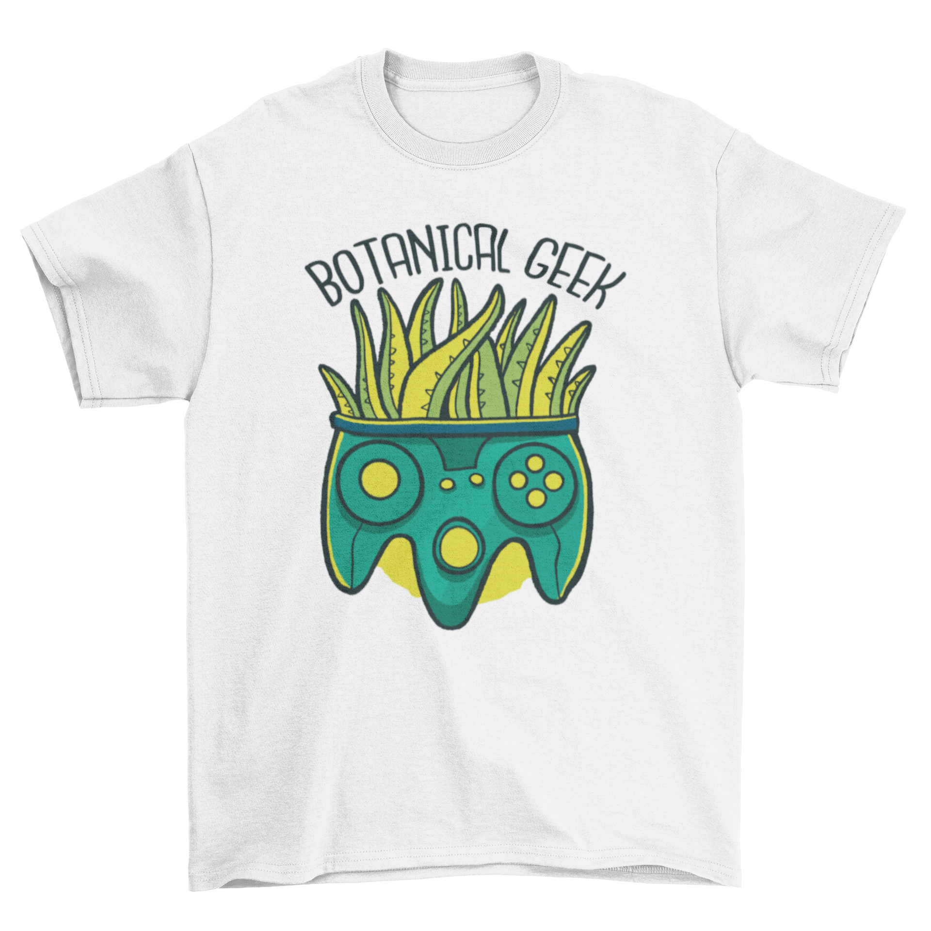 Botanical Geek Quote T-Shirt featuring a joystick with plants growing from it, ideal for gardening and gaming enthusiasts.