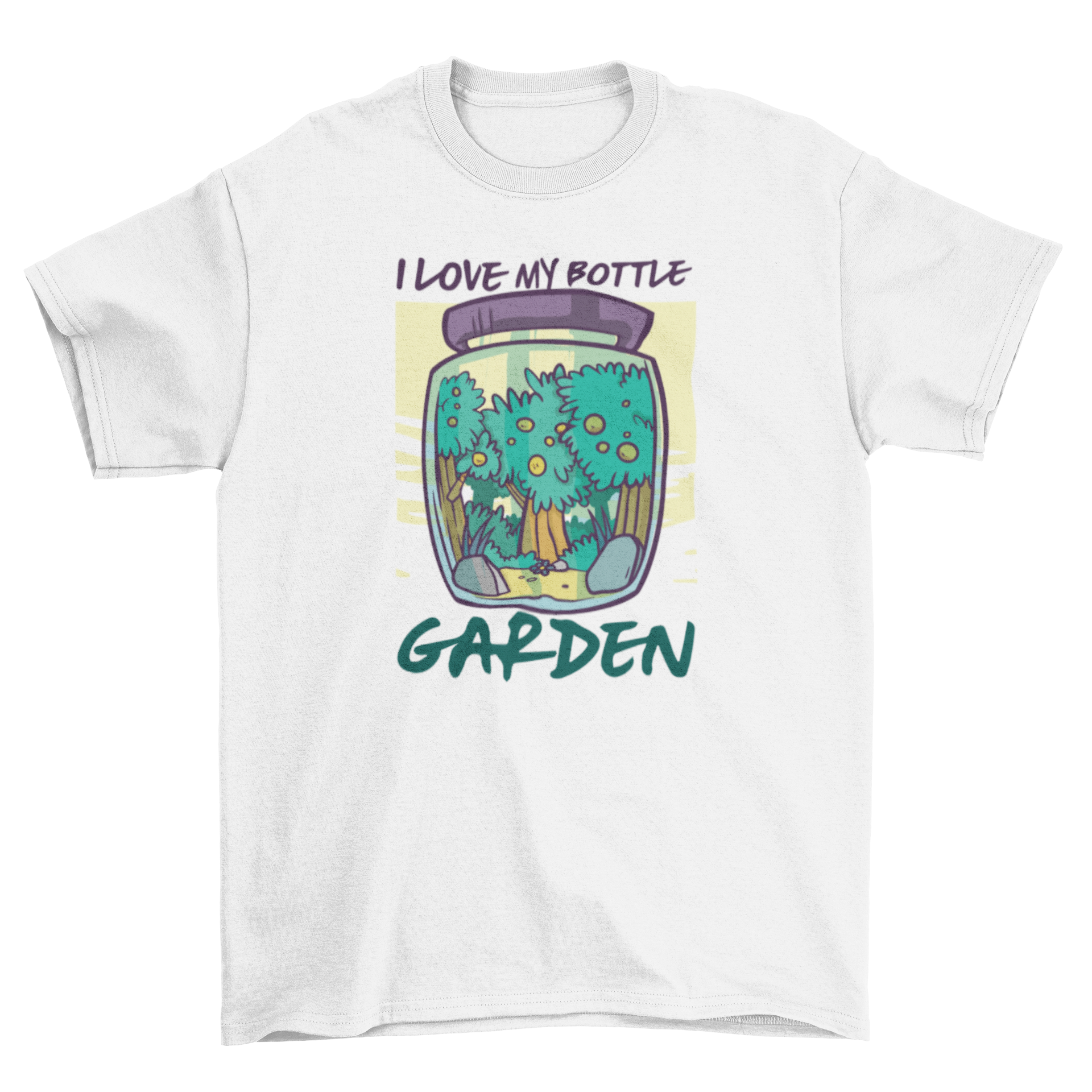 Bottle Garden T-shirt featuring a forest inside a jar with the quote 'I love my bottle garden'.