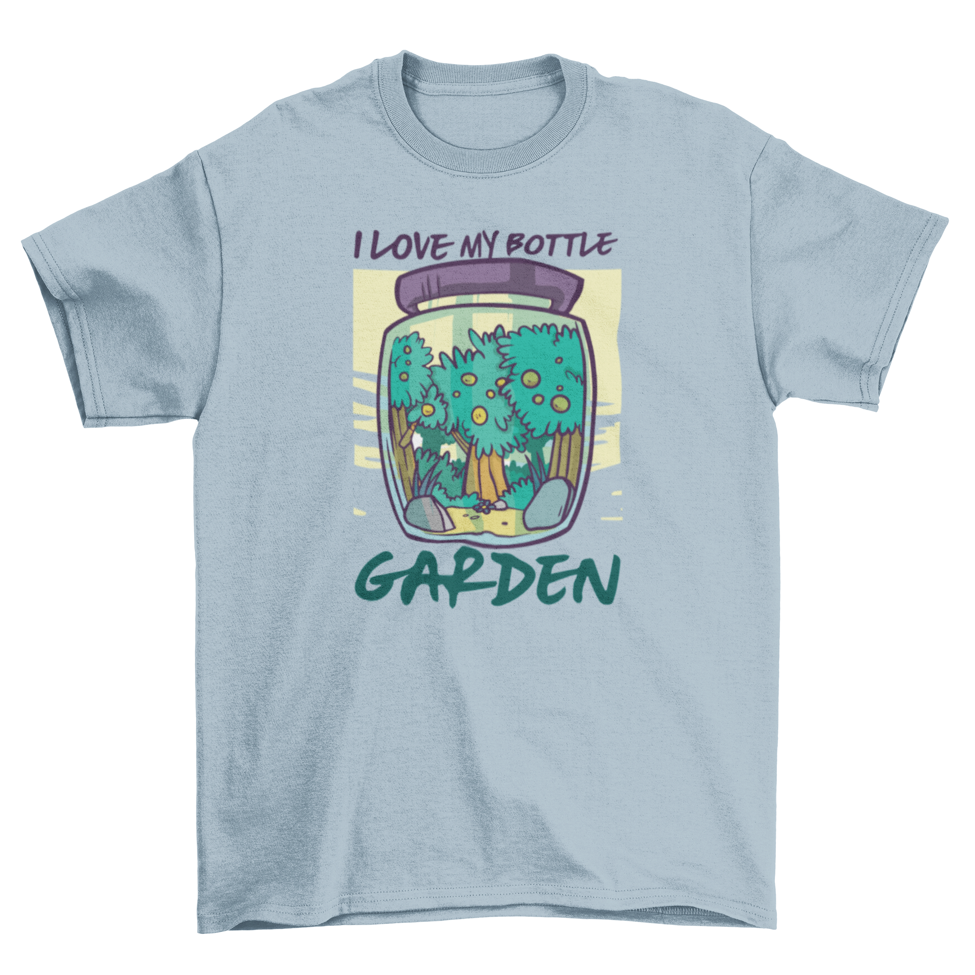 Bottle Garden T-shirt featuring a forest inside a jar with the quote 'I love my bottle garden'.