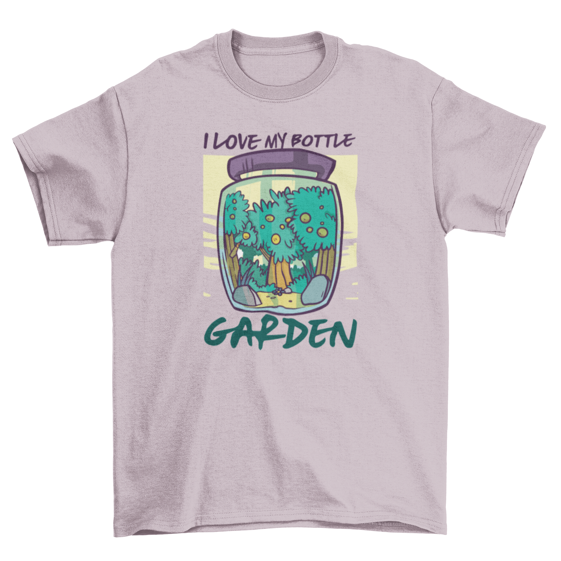 Bottle Garden T-shirt featuring a forest inside a jar with the quote 'I love my bottle garden'.