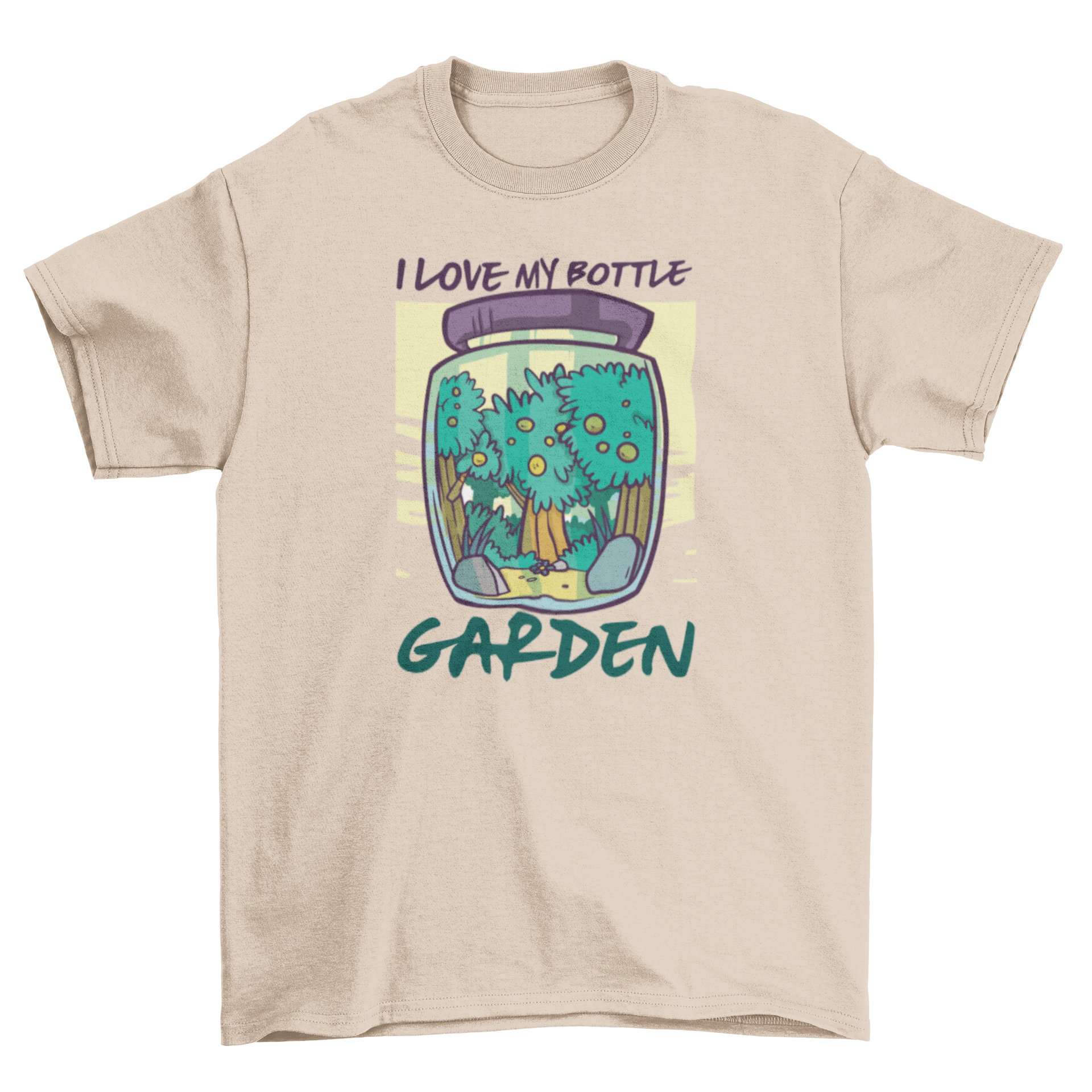 Bottle Garden T-shirt featuring a forest inside a jar with the quote 'I love my bottle garden'.