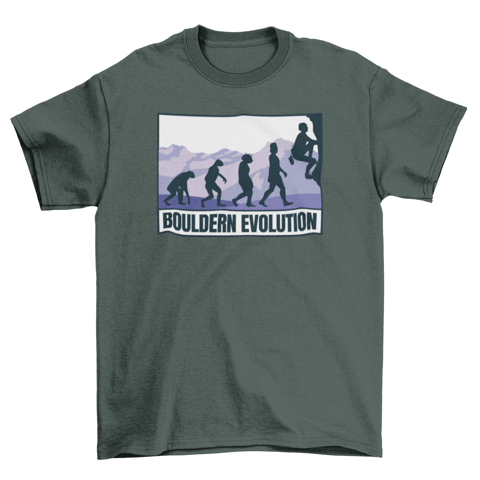 Bouldering Evolution T-Shirt featuring silhouettes in a mountain landscape with a climber and German quote.