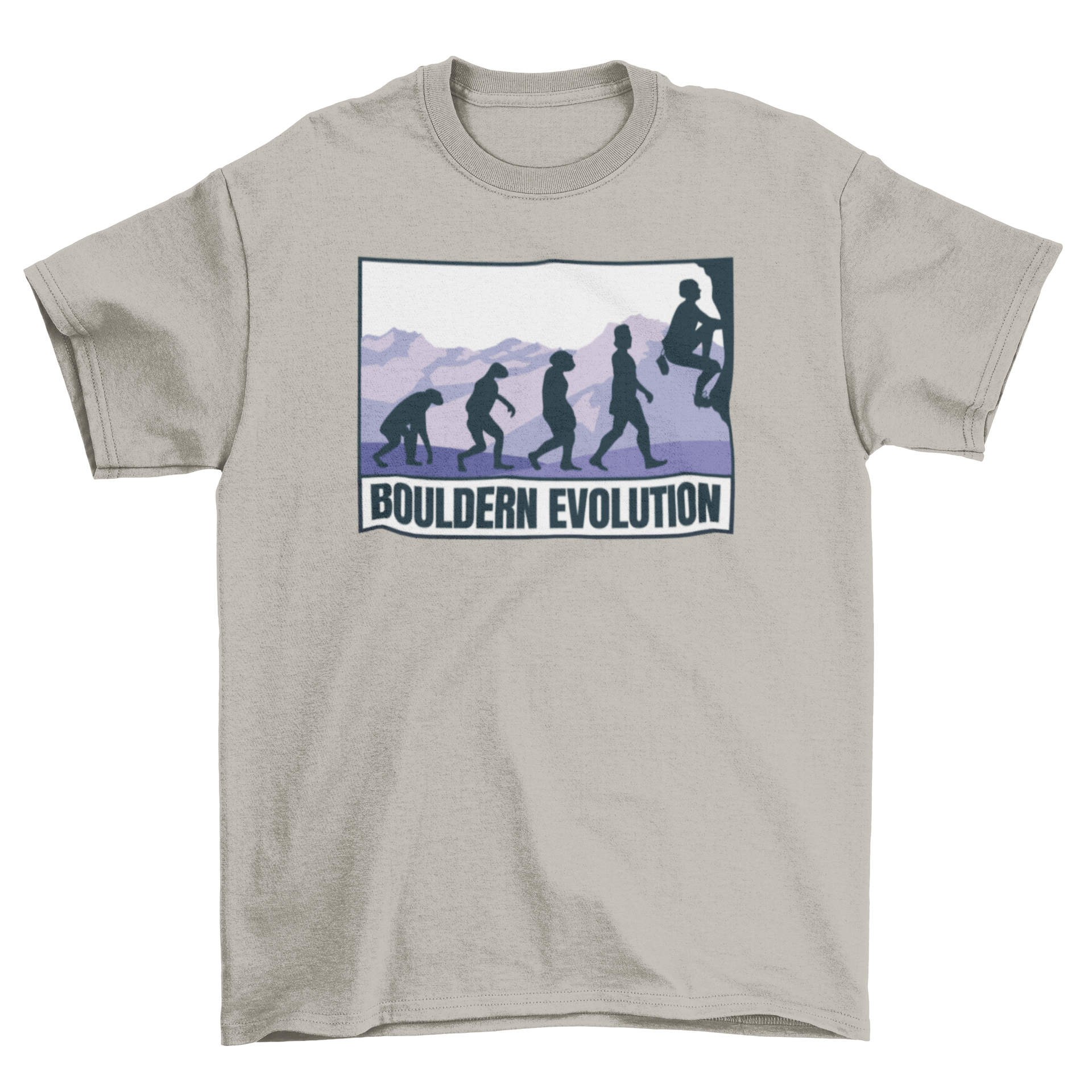 Bouldering Evolution T-Shirt featuring silhouettes in a mountain landscape with a climber and German quote.