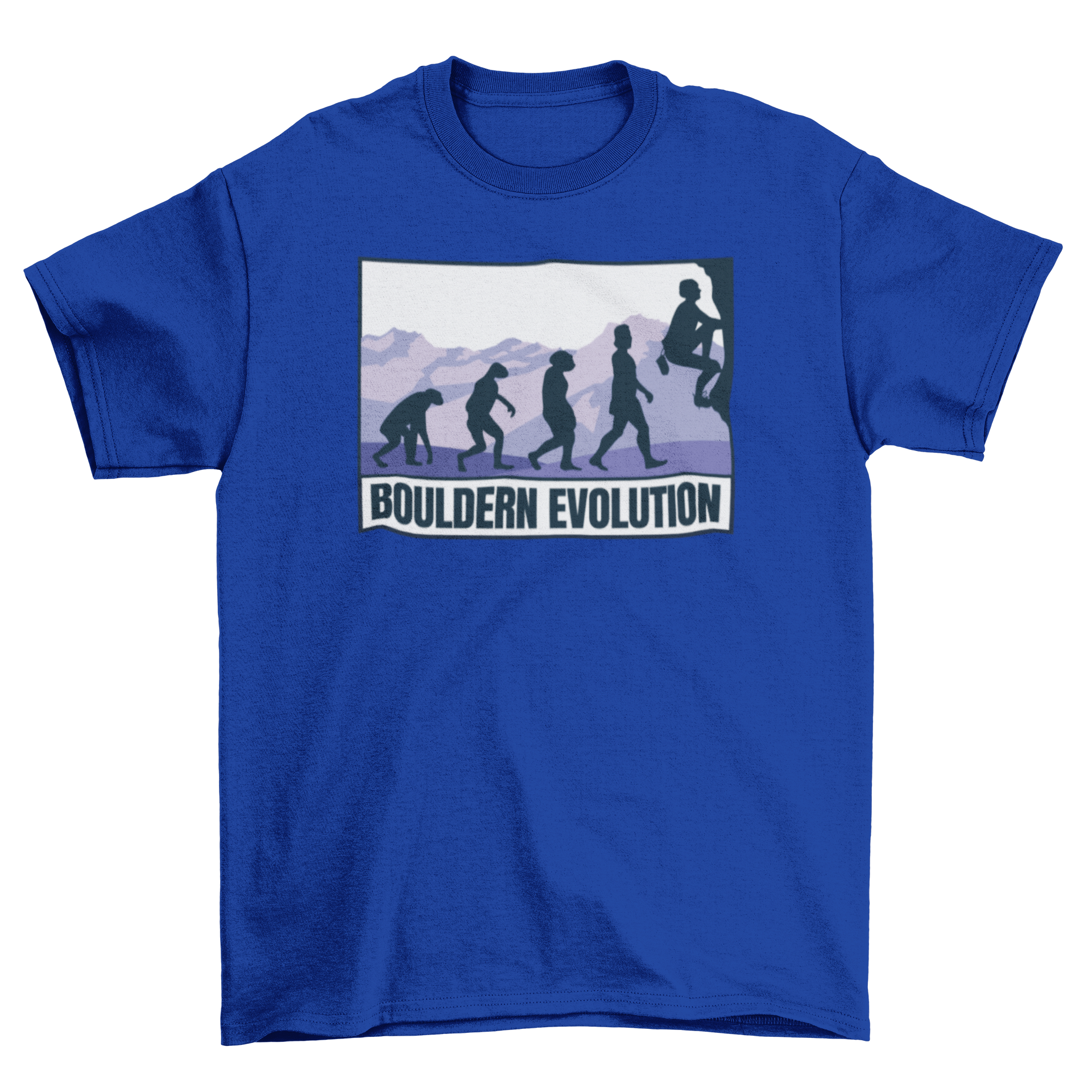 Bouldering Evolution T-Shirt featuring silhouettes in a mountain landscape with a climber and German quote.