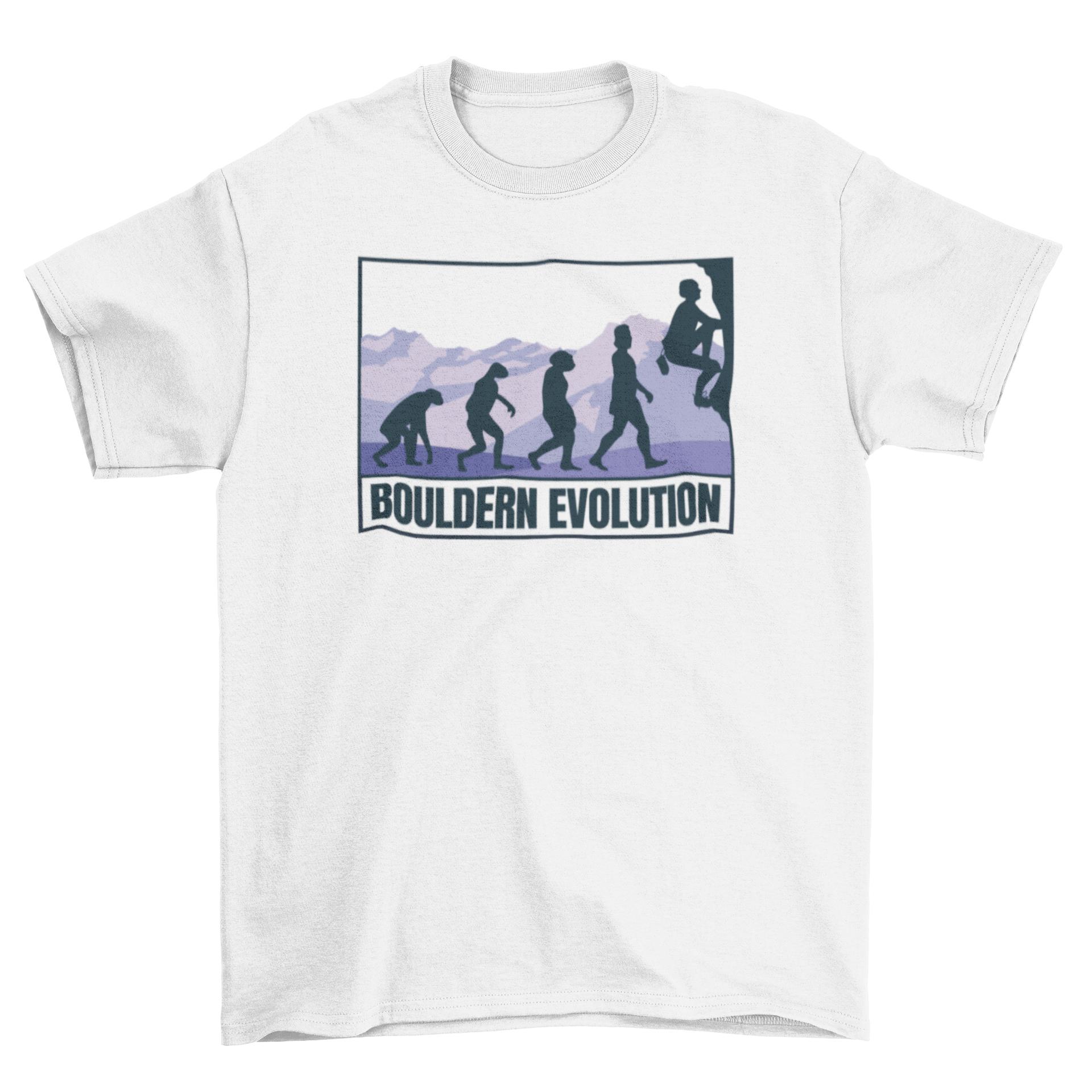 Bouldering Evolution T-Shirt featuring silhouettes in a mountain landscape with a climber and German quote.