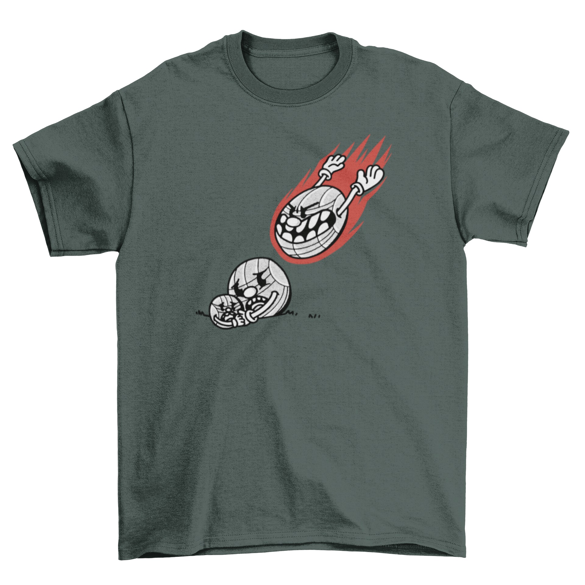 A stylish t-shirt featuring a vibrant design of Boules balls with a villain ball attacking them, showcasing a playful and unique graphic.