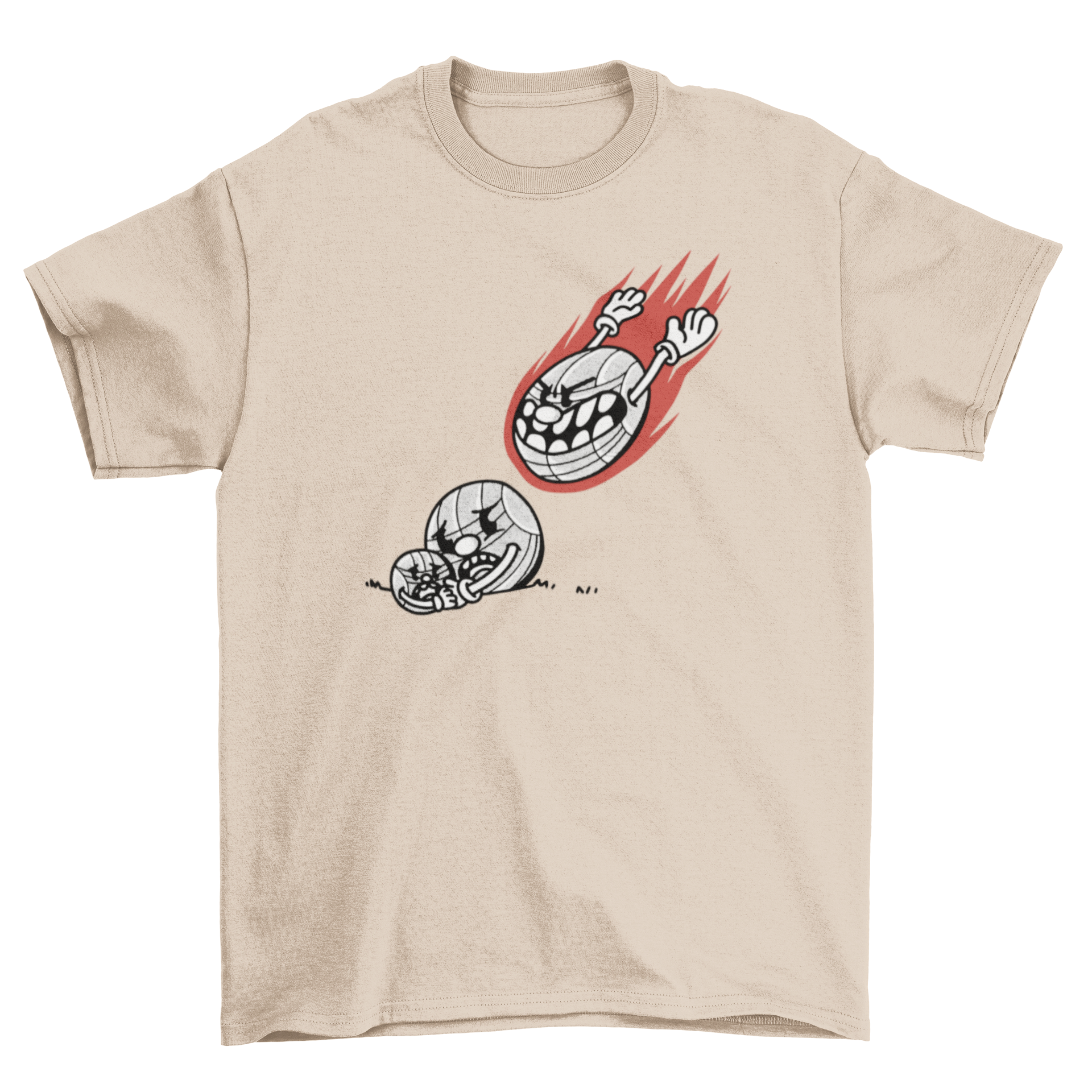 A stylish t-shirt featuring a vibrant design of Boules balls with a villain ball attacking them, showcasing a playful and unique graphic.