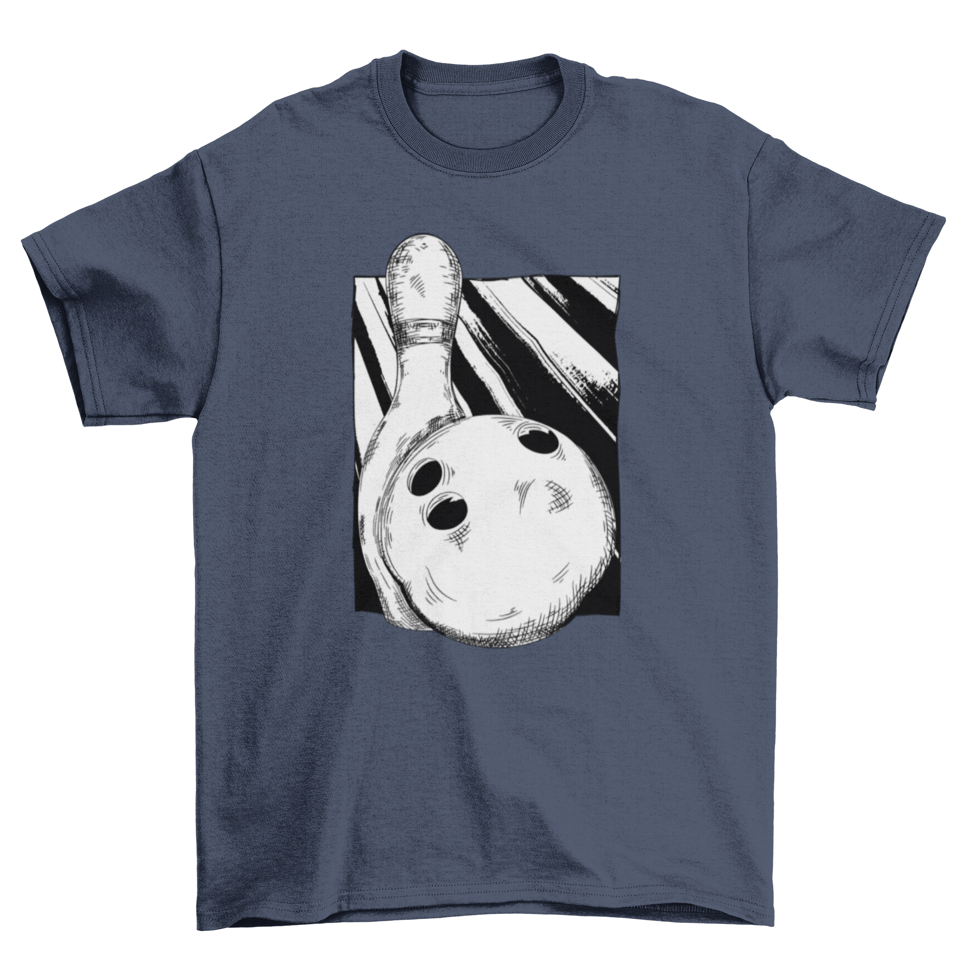 A stylish hand-drawn t-shirt featuring a bowling pin and ball design, perfect for bowling enthusiasts.