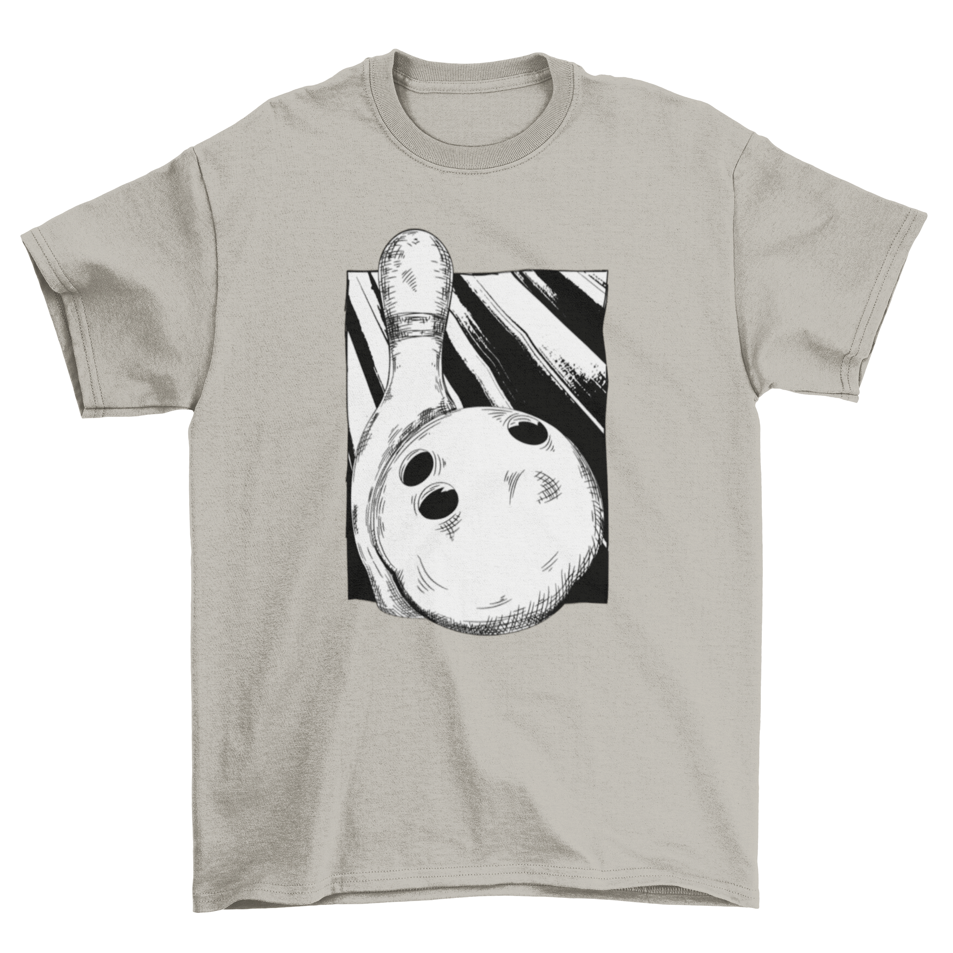 A stylish hand-drawn t-shirt featuring a bowling pin and ball design, perfect for bowling enthusiasts.