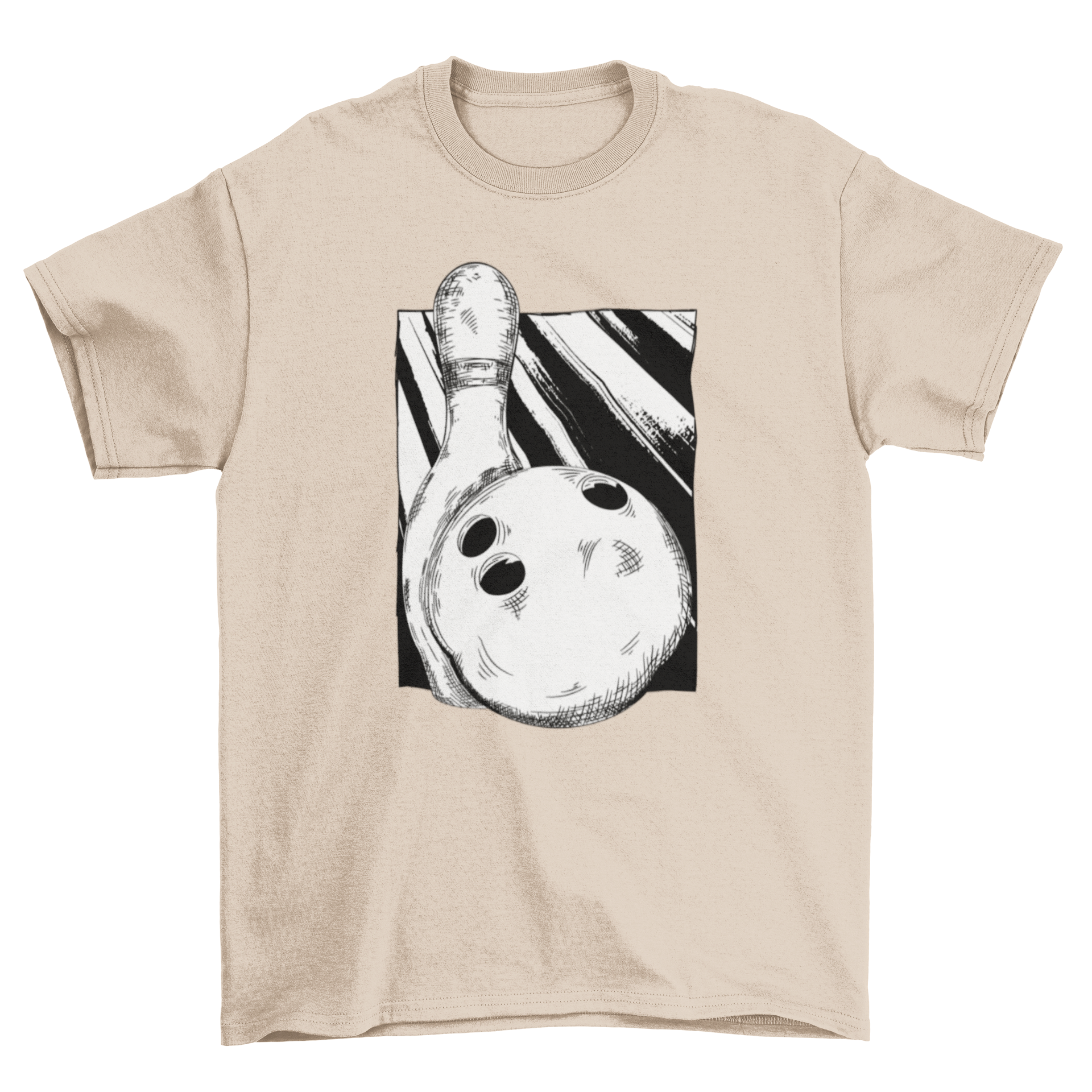 A stylish hand-drawn t-shirt featuring a bowling pin and ball design, perfect for bowling enthusiasts.