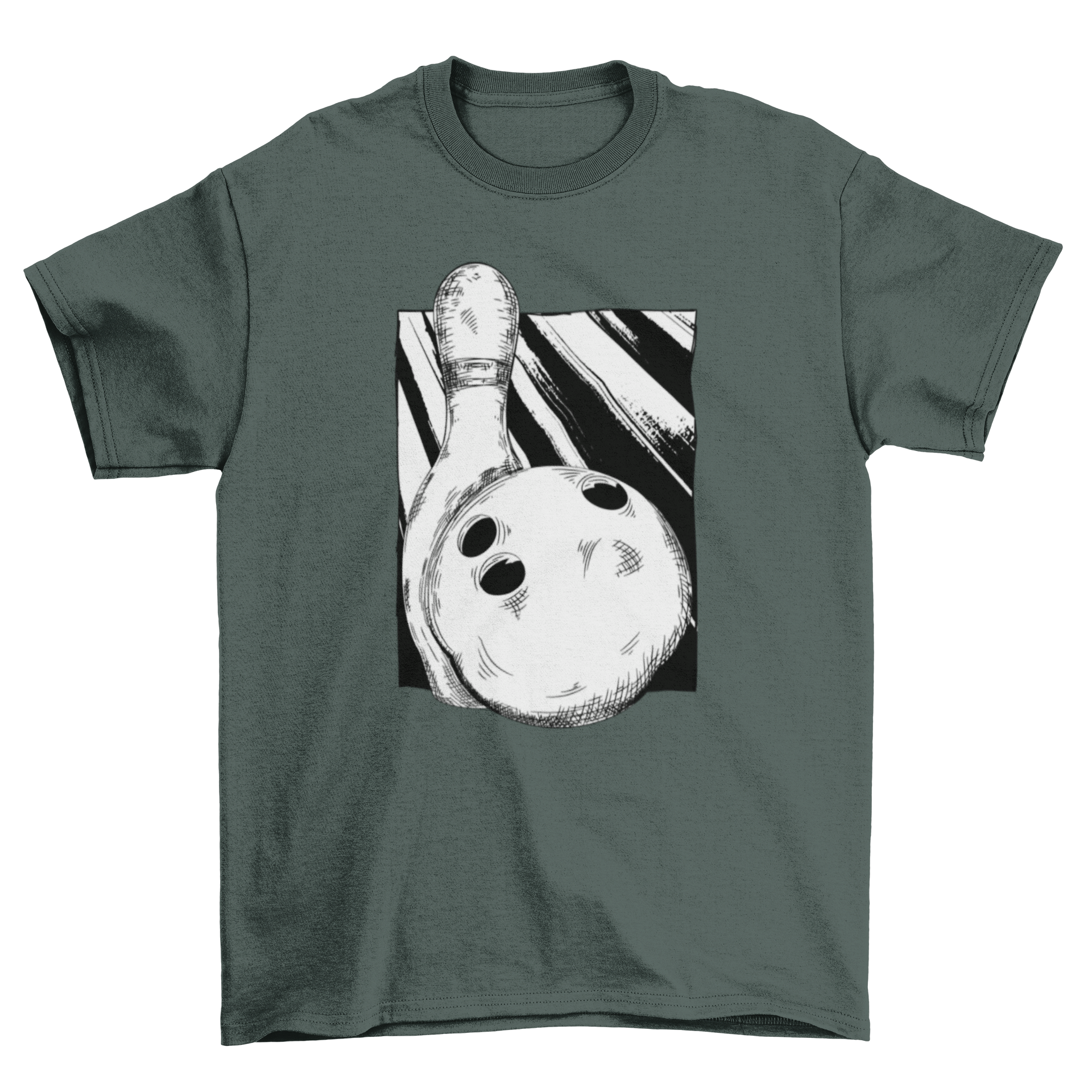 A stylish hand-drawn t-shirt featuring a bowling pin and ball design, perfect for bowling enthusiasts.