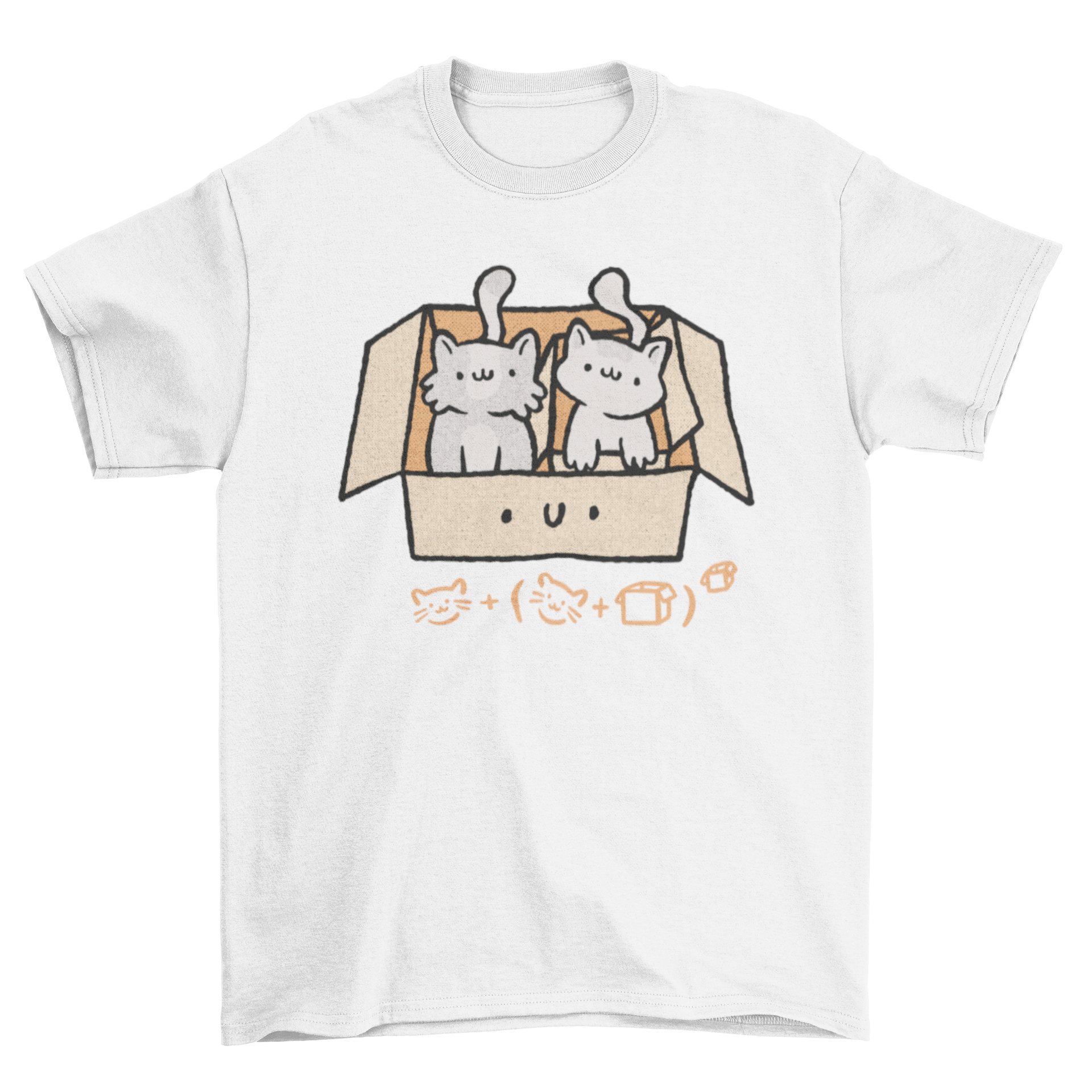 A cute t-shirt featuring two kittens inside a box with a playful equation caption.