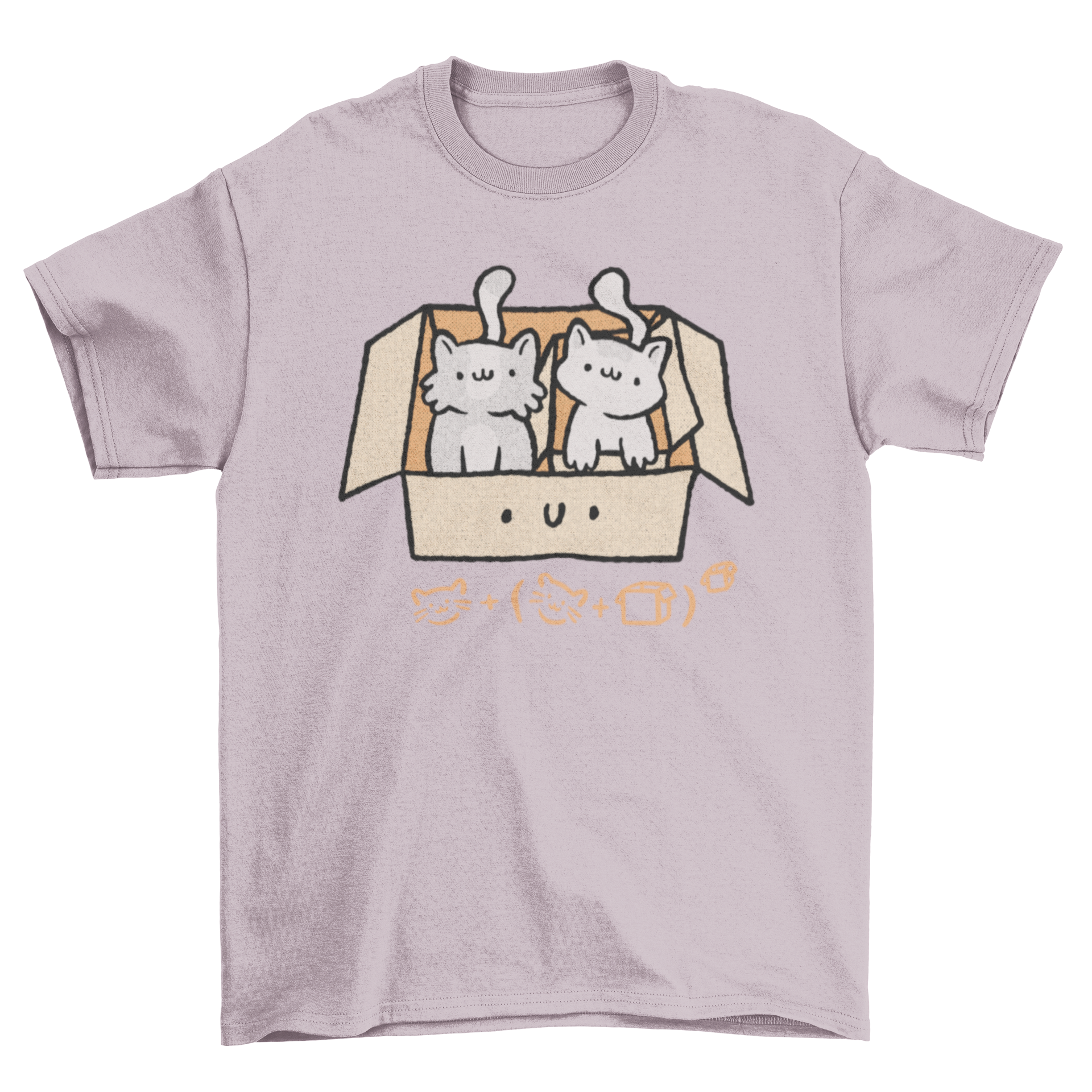 A cute t-shirt featuring two kittens inside a box with a playful equation caption.