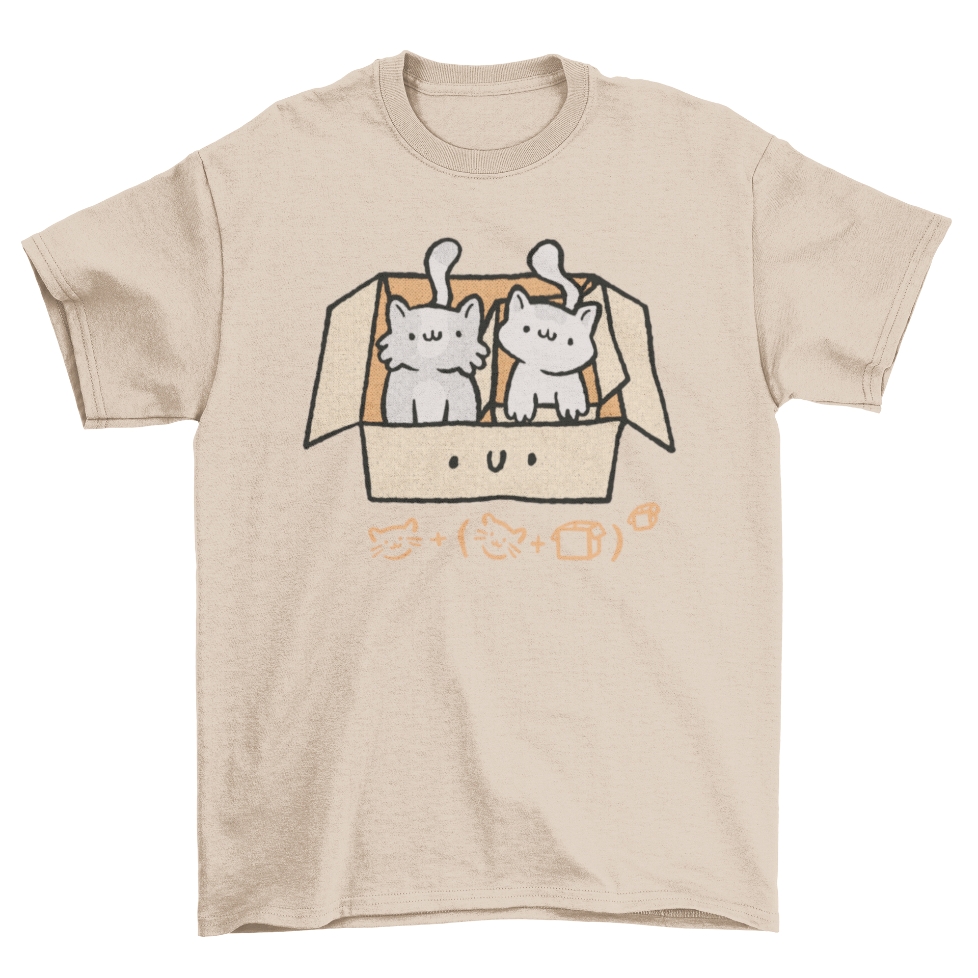 A cute t-shirt featuring two kittens inside a box with a playful equation caption.