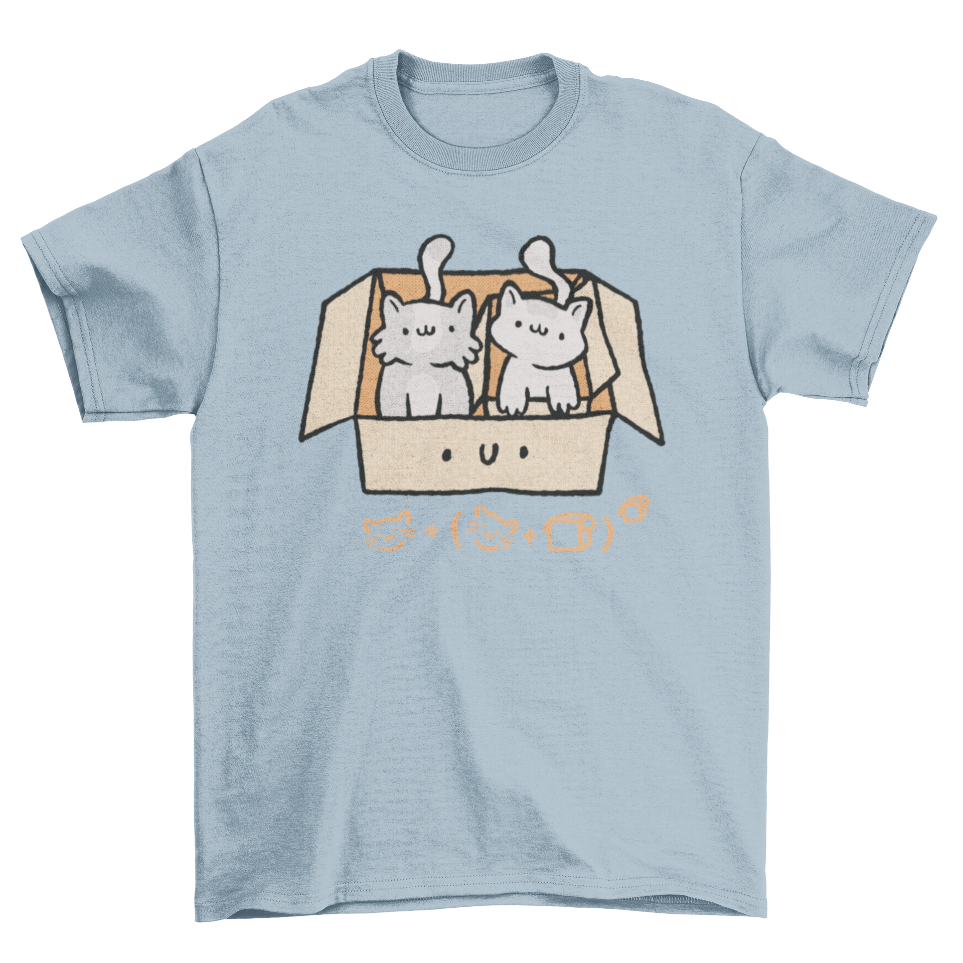 A cute t-shirt featuring two kittens inside a box with a playful equation caption.