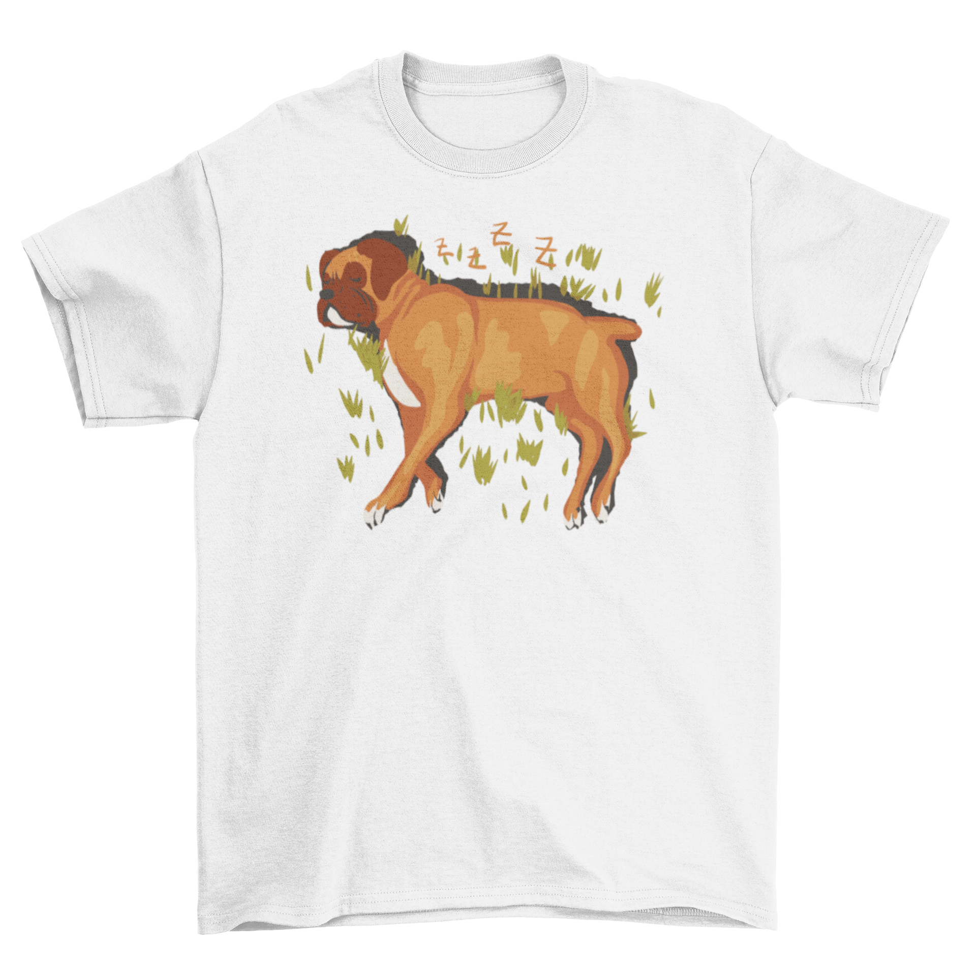 A stylish t-shirt featuring a cute illustration of a boxer dog sleeping, perfect for dog lovers.