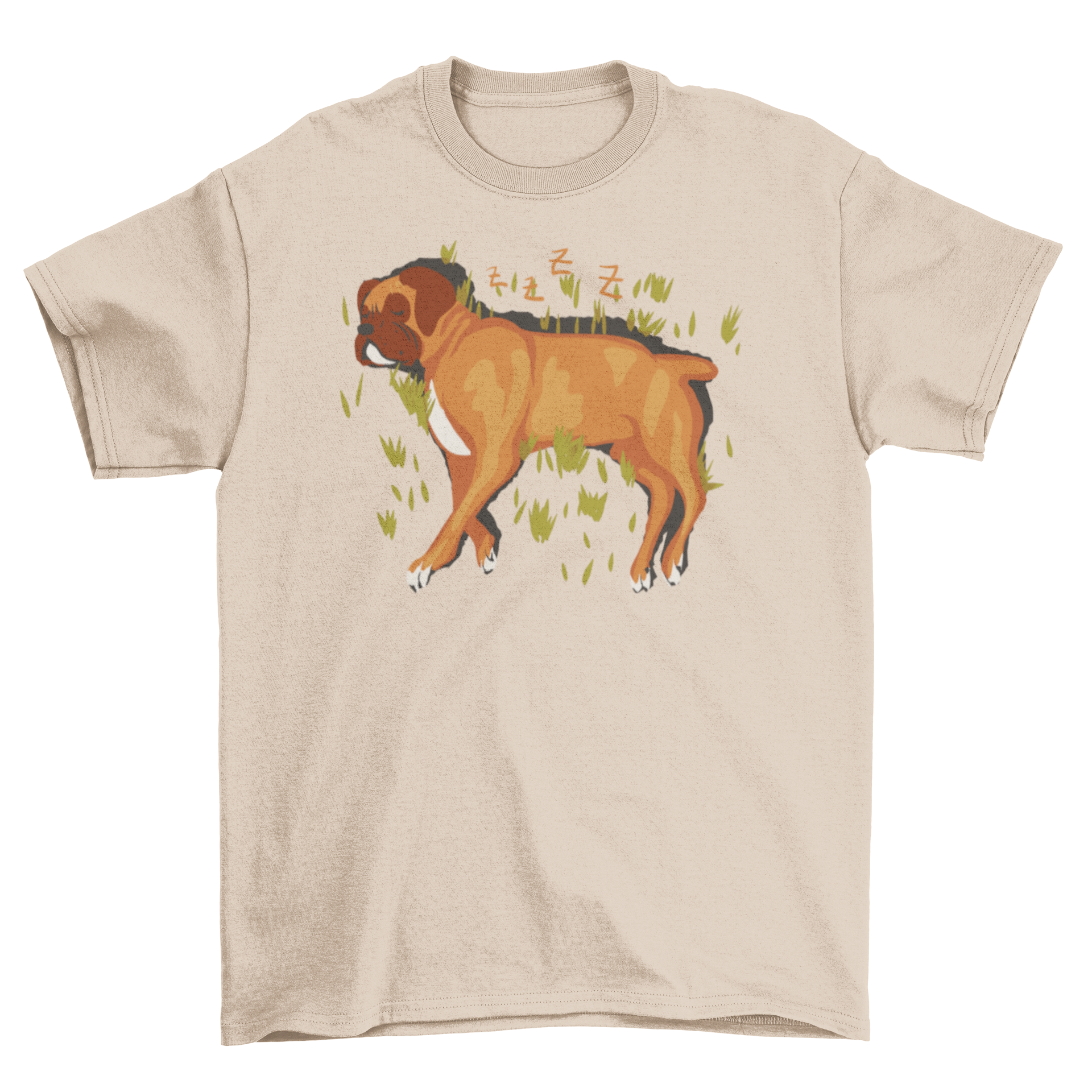 A stylish t-shirt featuring a cute illustration of a boxer dog sleeping, perfect for dog lovers.