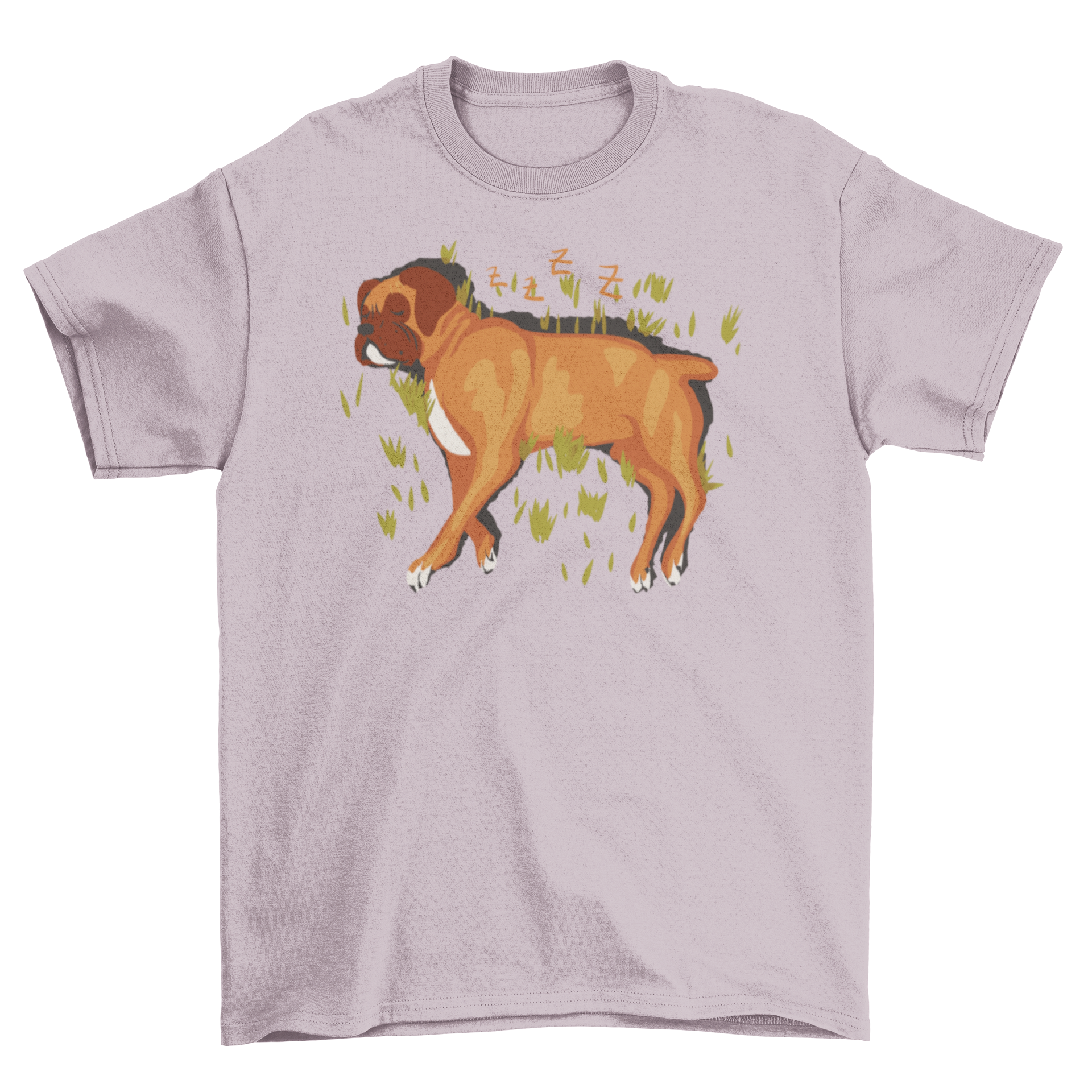 A stylish t-shirt featuring a cute illustration of a boxer dog sleeping, perfect for dog lovers.