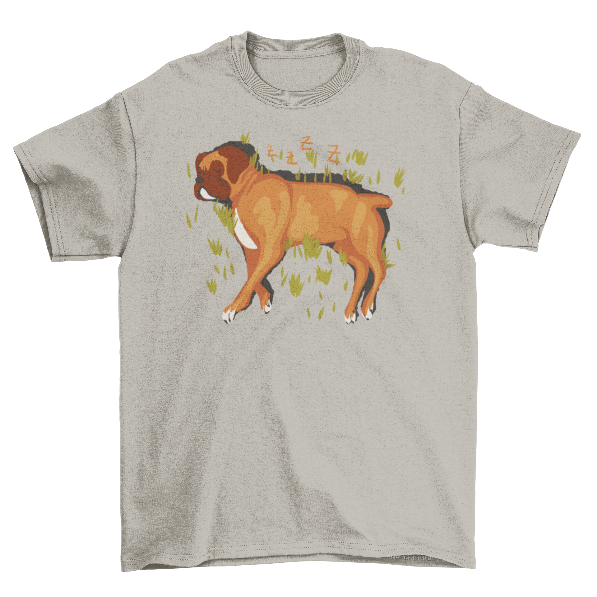 A stylish t-shirt featuring a cute illustration of a boxer dog sleeping, perfect for dog lovers.