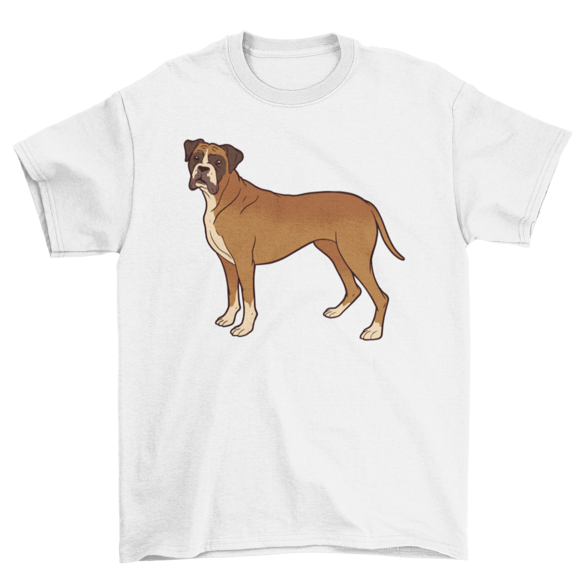 A stylish t-shirt featuring an illustration of a standing boxer dog, perfect for dog lovers.