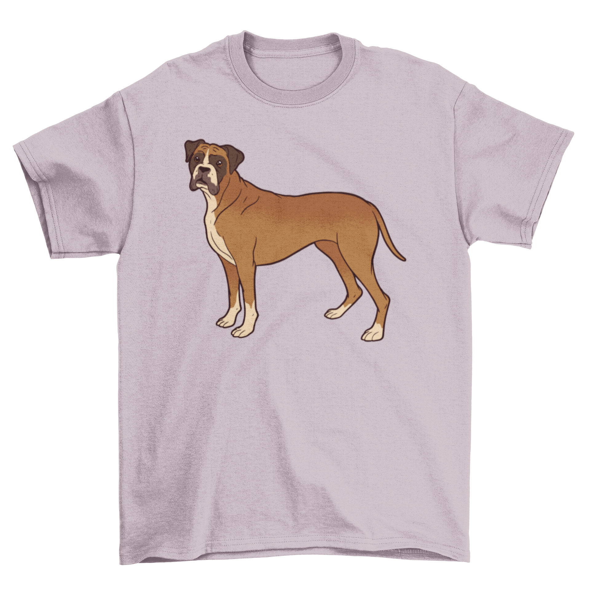 A stylish t-shirt featuring an illustration of a standing boxer dog, perfect for dog lovers.