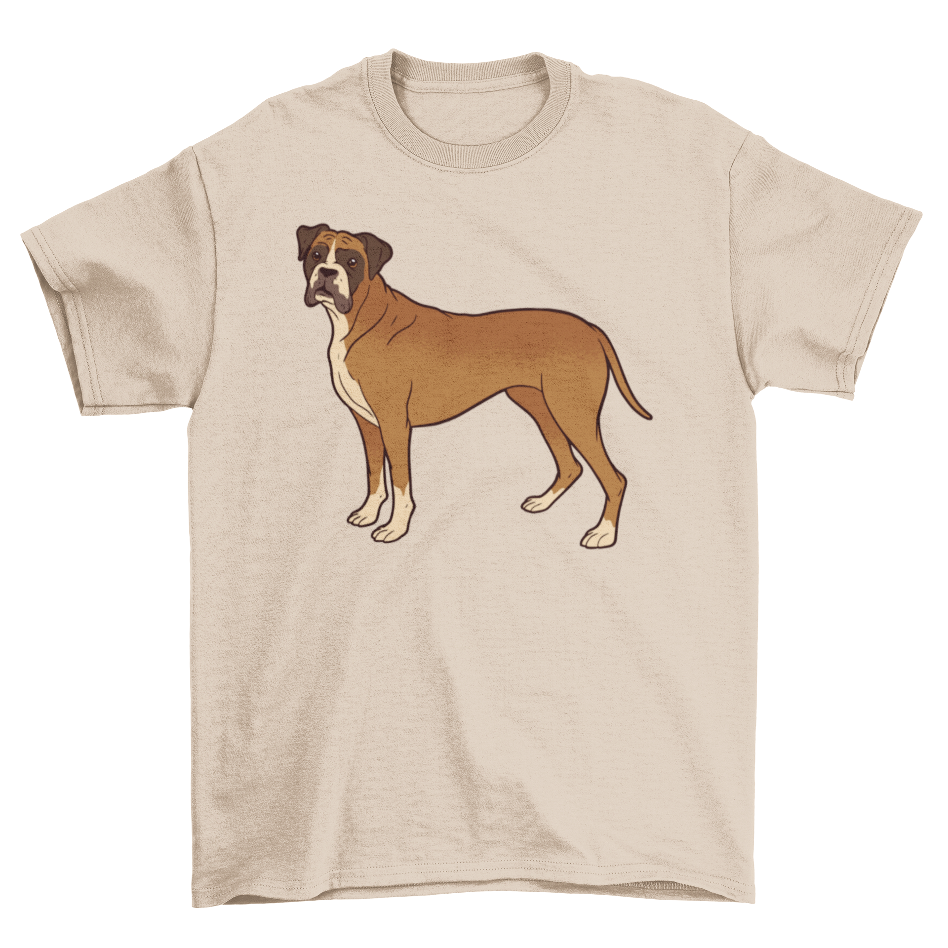 A stylish t-shirt featuring an illustration of a standing boxer dog, perfect for dog lovers.