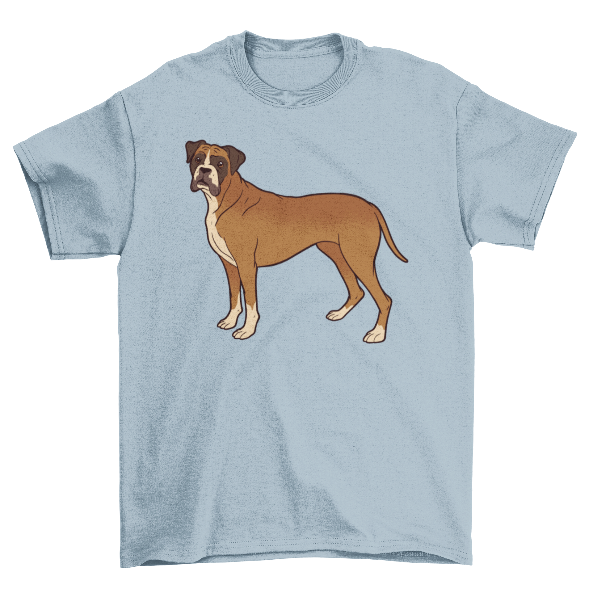 A stylish t-shirt featuring an illustration of a standing boxer dog, perfect for dog lovers.