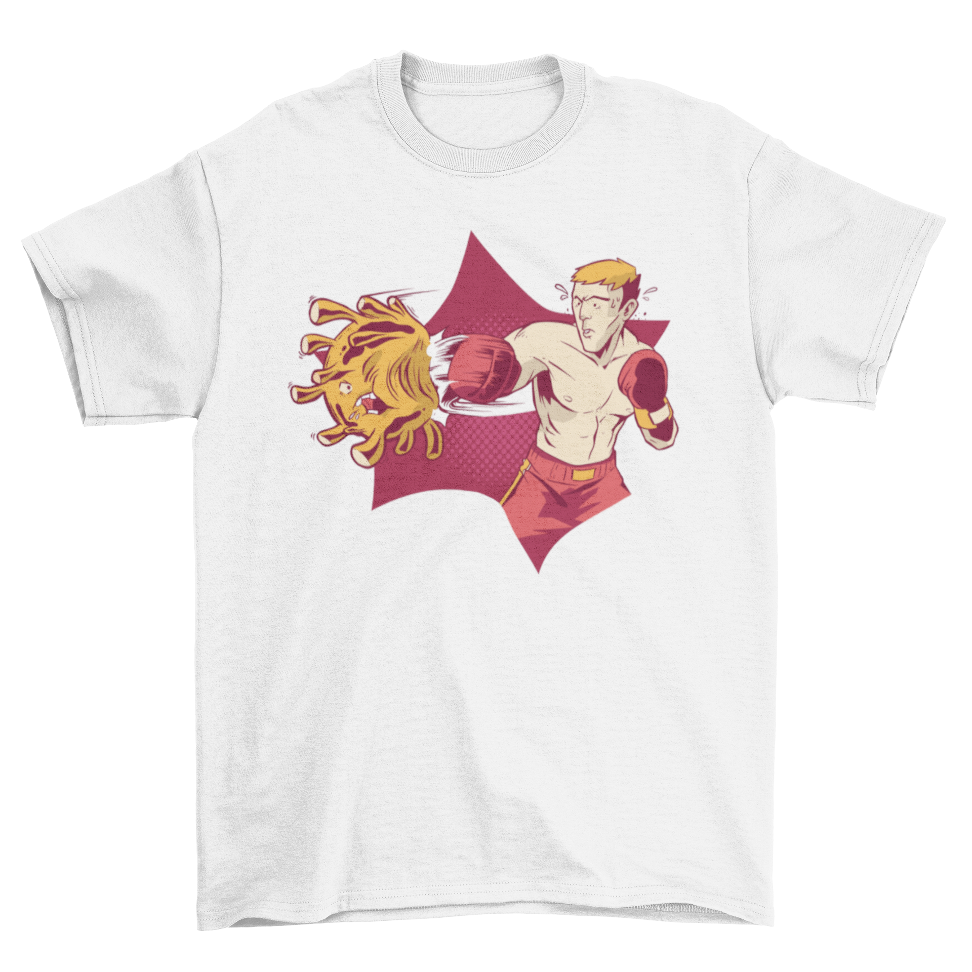 A Boxer Fighting Coronavirus T-shirt featuring a graphic of a boxer punching a Coronavirus molecule, symbolizing resilience against COVID-19.