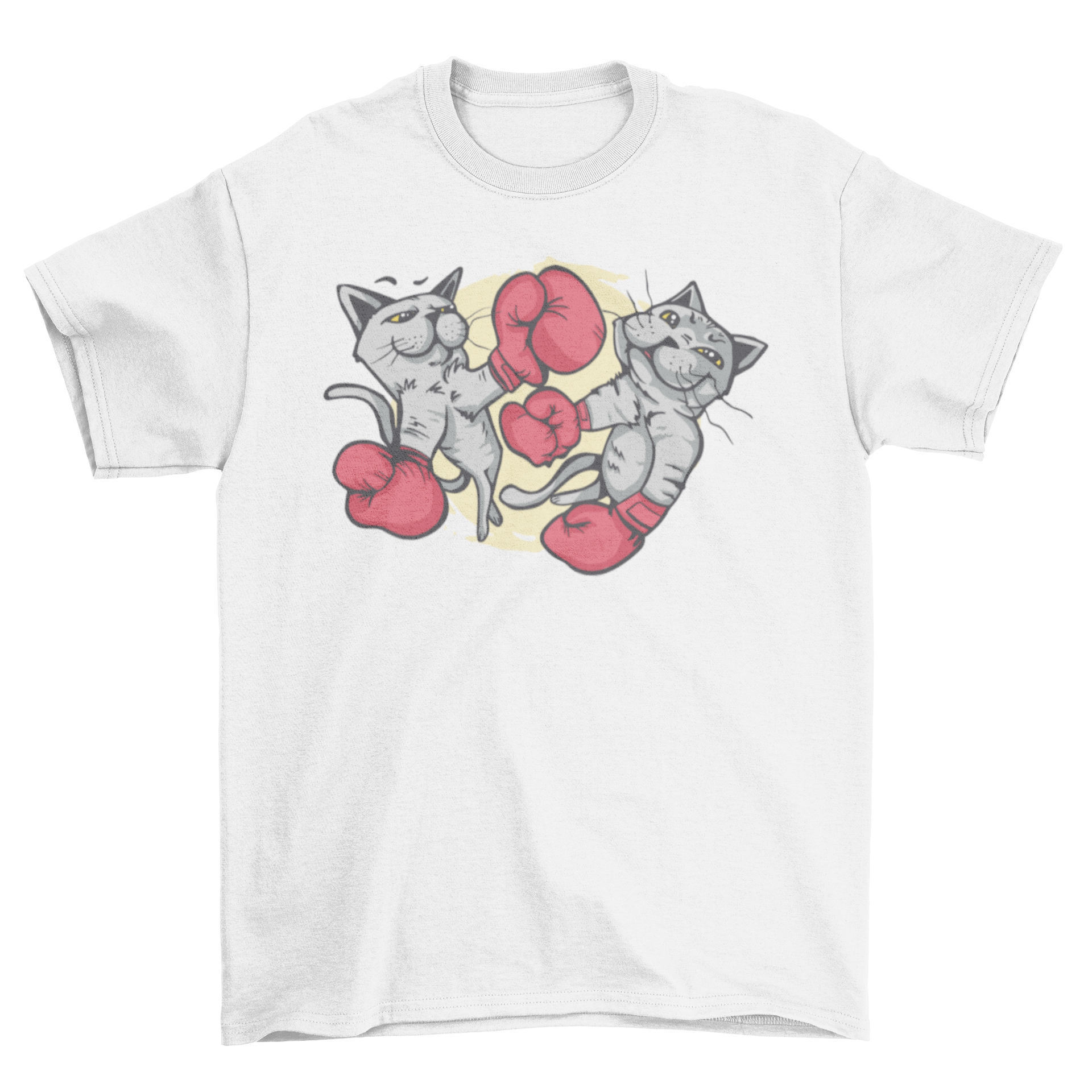 A playful t-shirt featuring two muscular cats in a boxing match, showcasing their strength and competitive spirit.