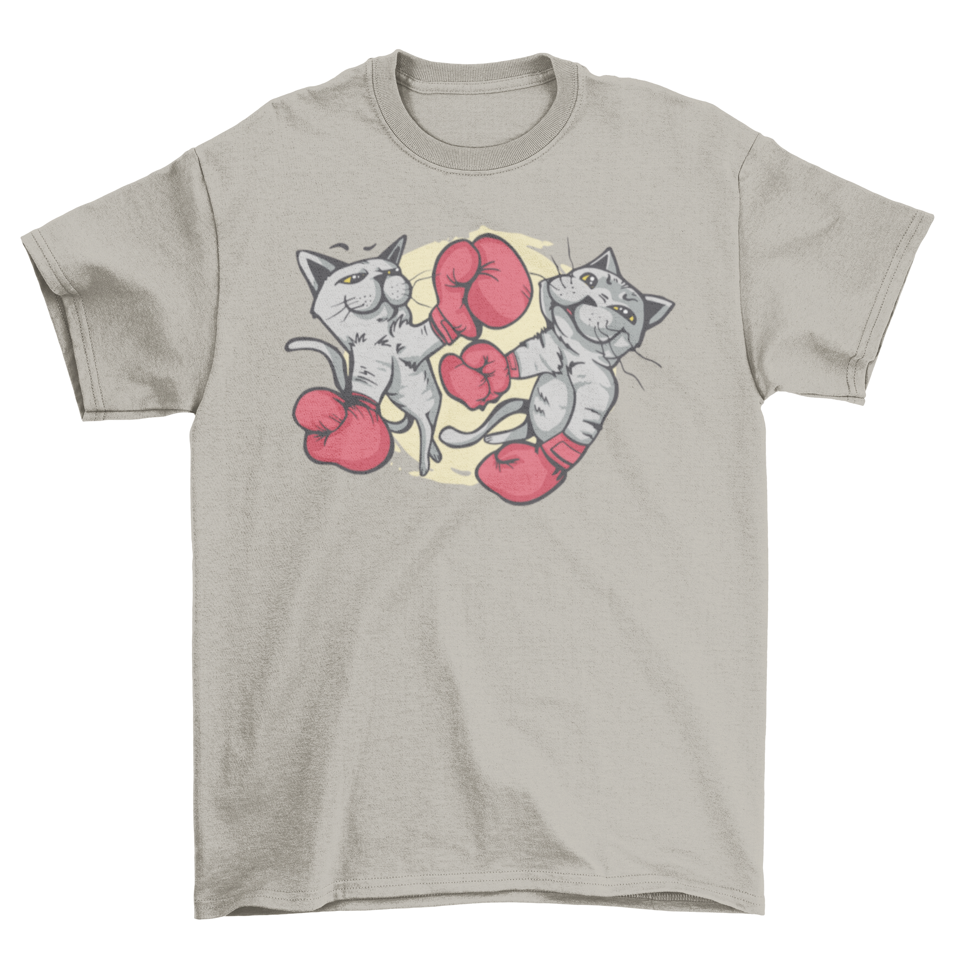 A playful t-shirt featuring two muscular cats in a boxing match, showcasing their strength and competitive spirit.