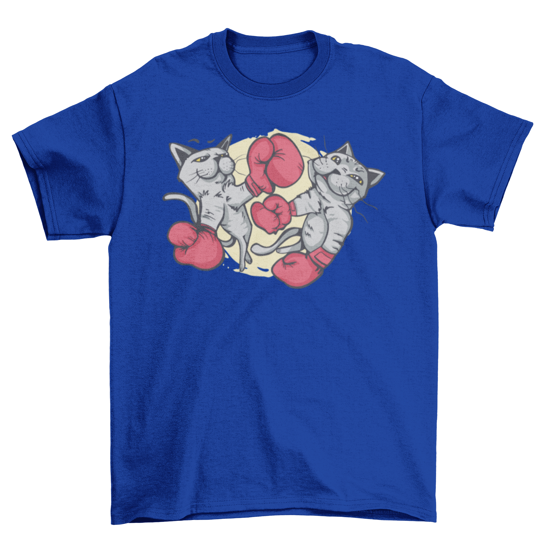 A playful t-shirt featuring two muscular cats in a boxing match, showcasing their strength and competitive spirit.