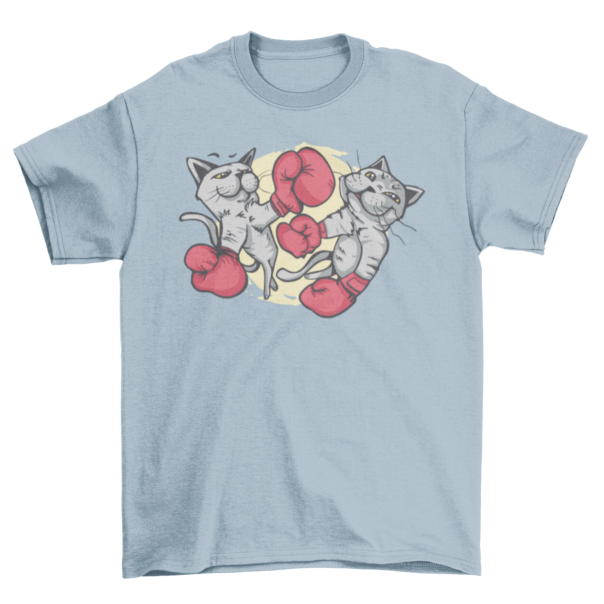 A playful t-shirt featuring two muscular cats in a boxing match, showcasing their strength and competitive spirit.