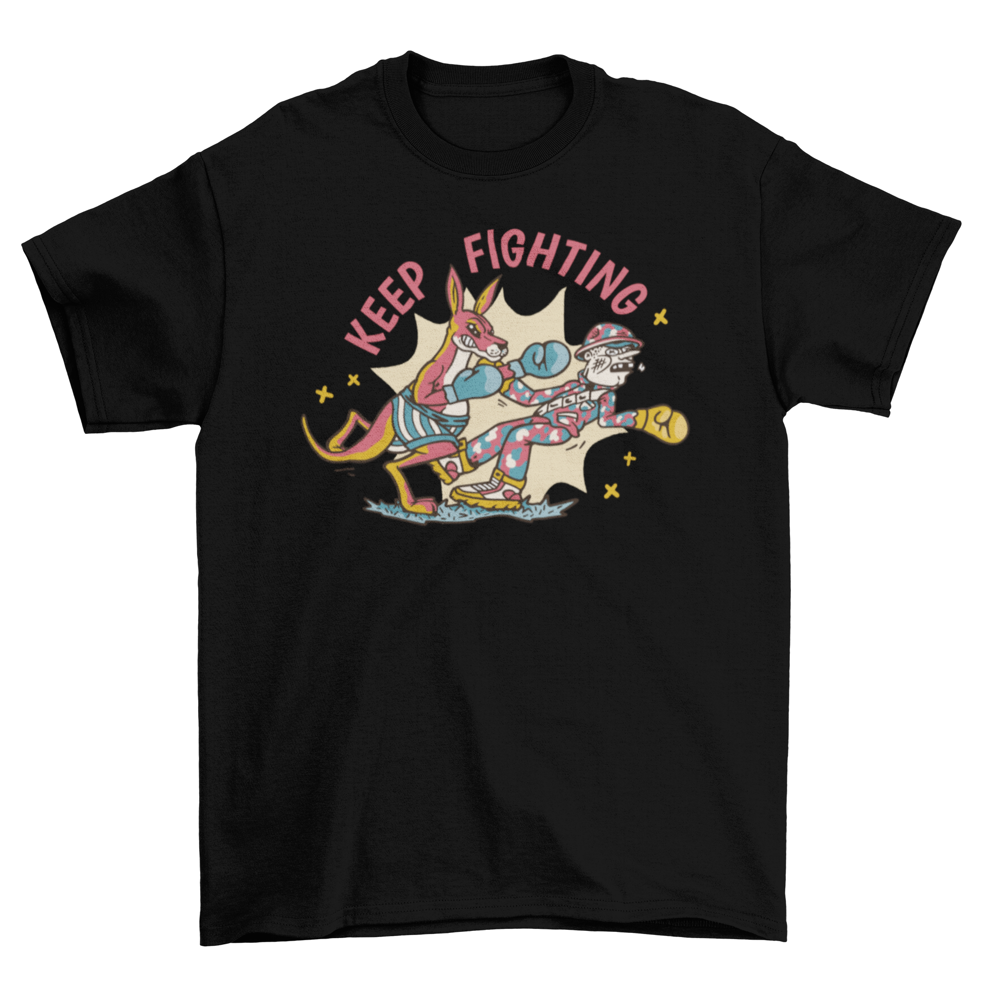 Boxing kangaroo fighting t-shirt featuring a kangaroo and a man with the quote 'Keep fighting'.