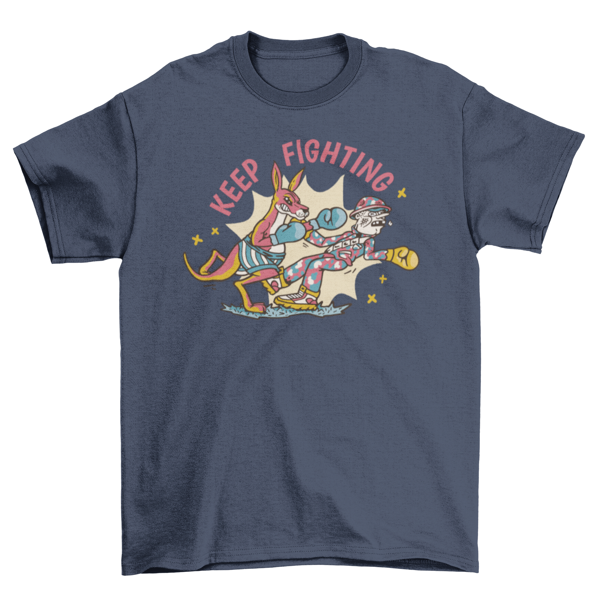 Boxing kangaroo fighting t-shirt featuring a kangaroo and a man with the quote 'Keep fighting'.