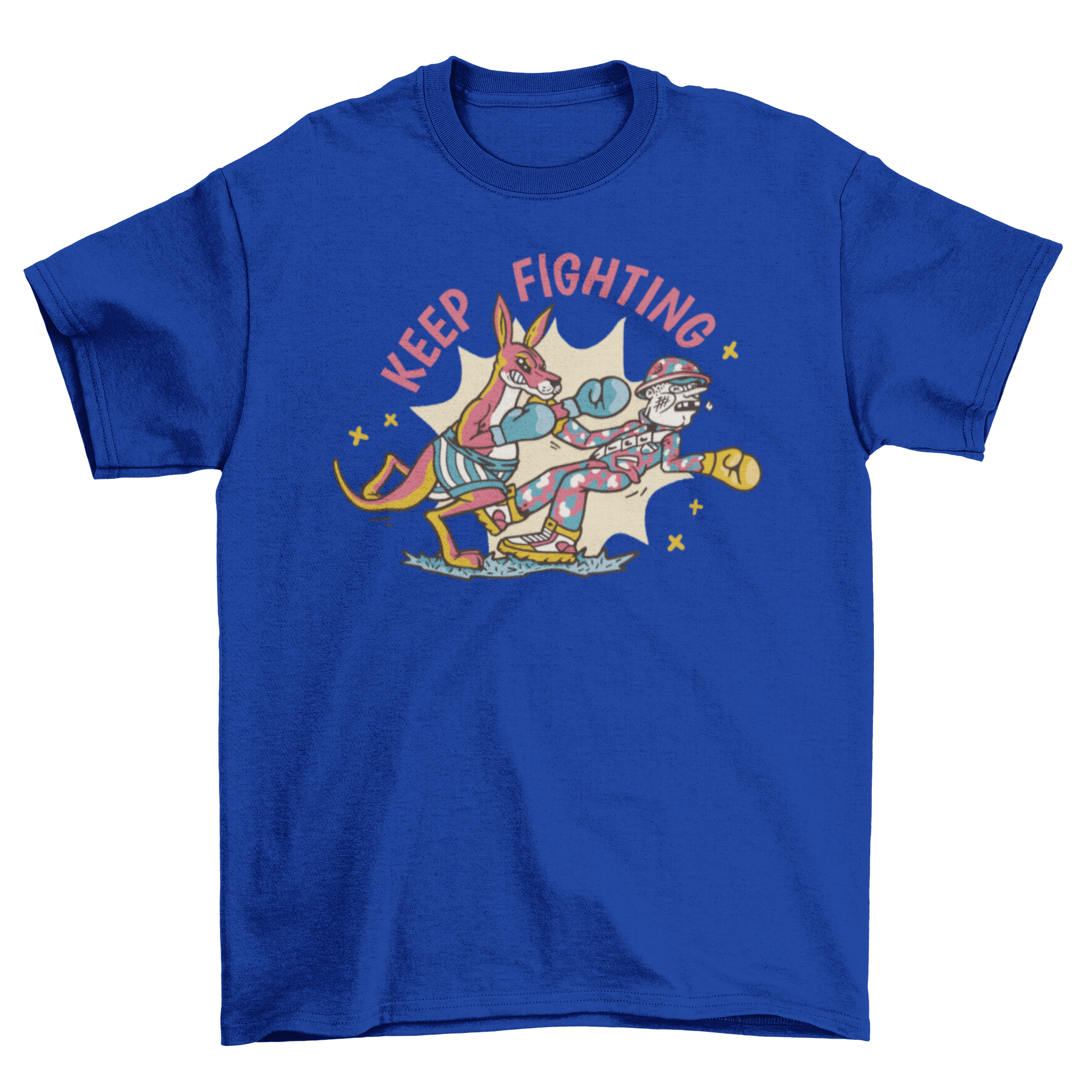 Boxing kangaroo fighting t-shirt featuring a kangaroo and a man with the quote 'Keep fighting'.