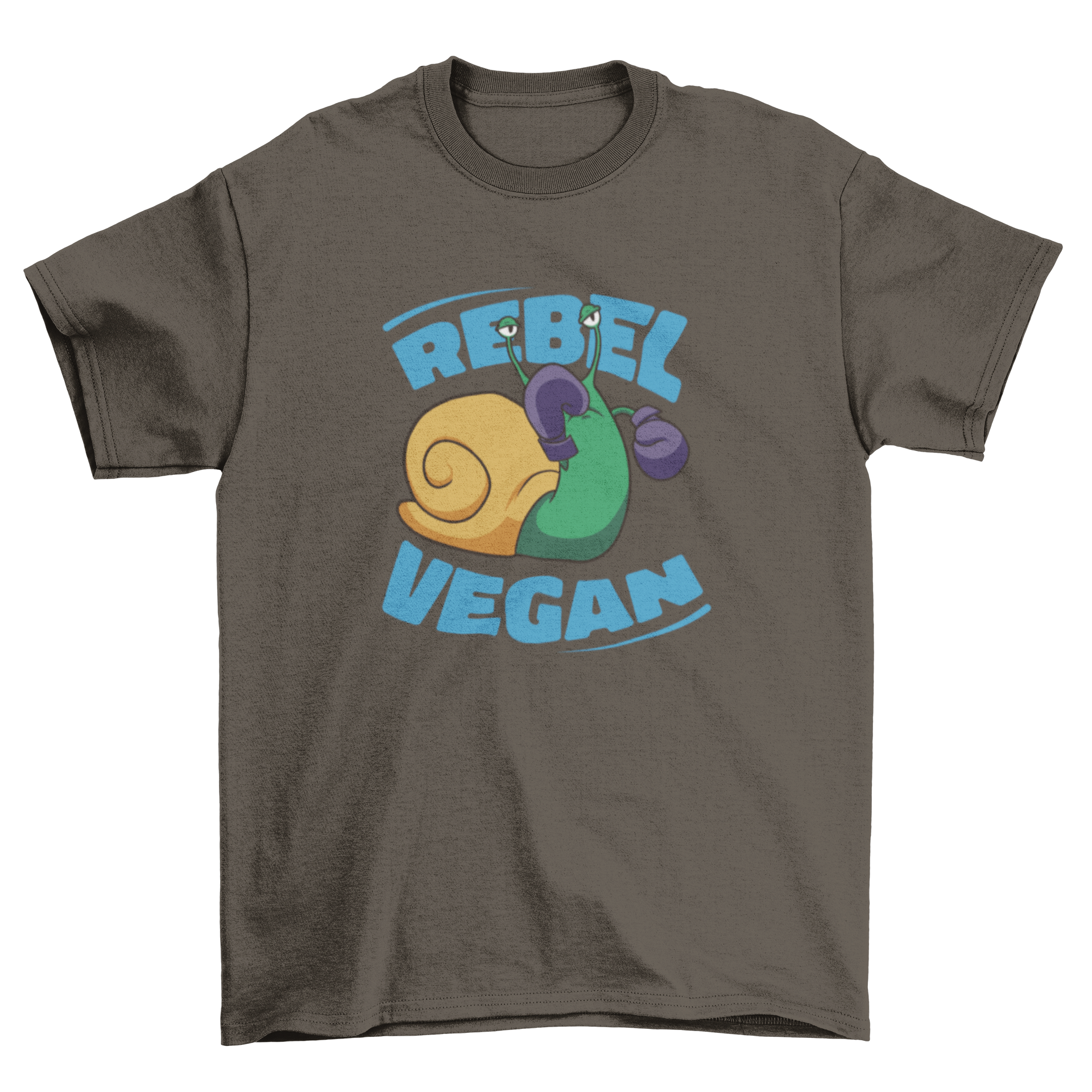 A stylish t-shirt featuring a boxing snail graphic and the quote 'Rebel Vegan', perfect for casual wear.