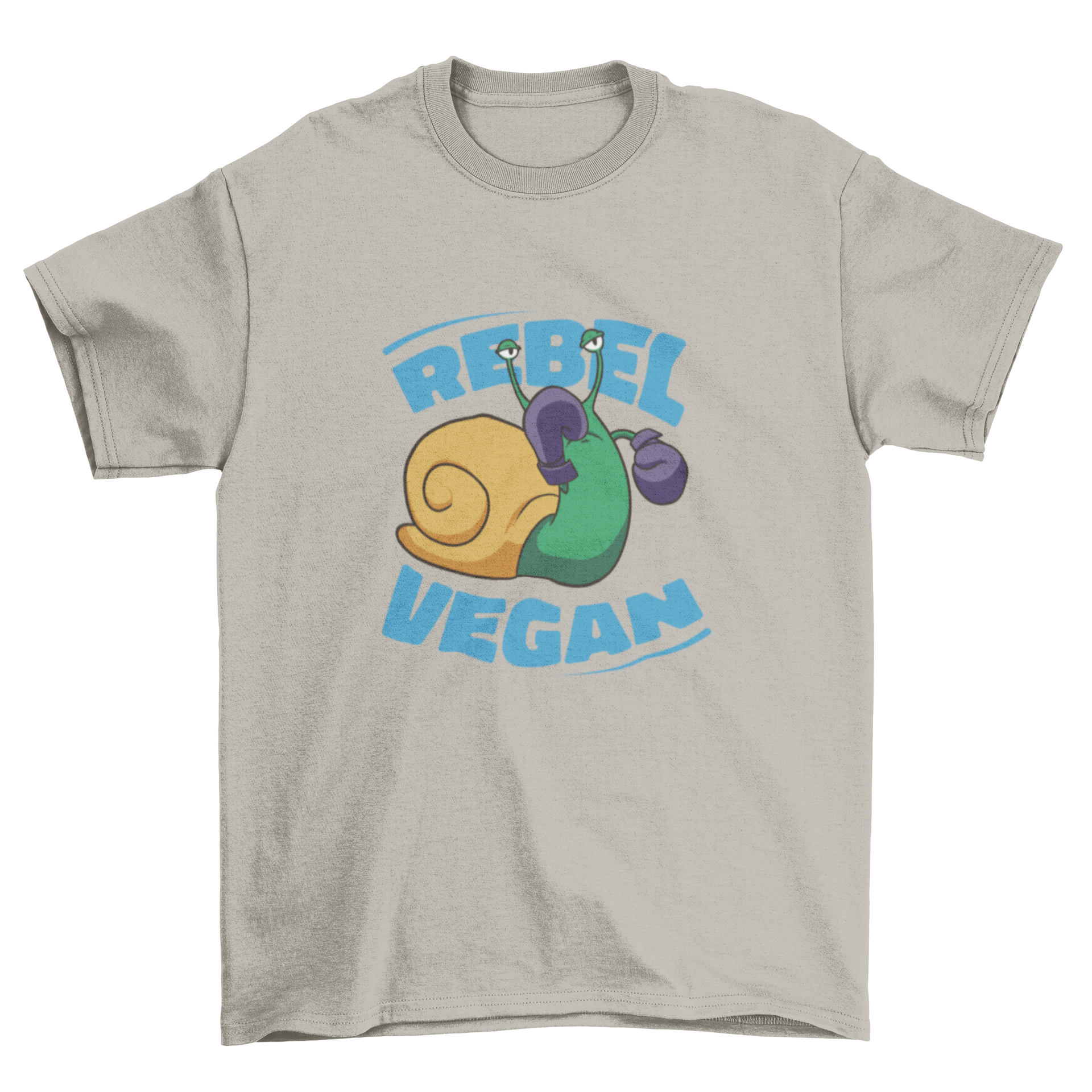 A stylish t-shirt featuring a boxing snail graphic and the quote 'Rebel Vegan', perfect for casual wear.