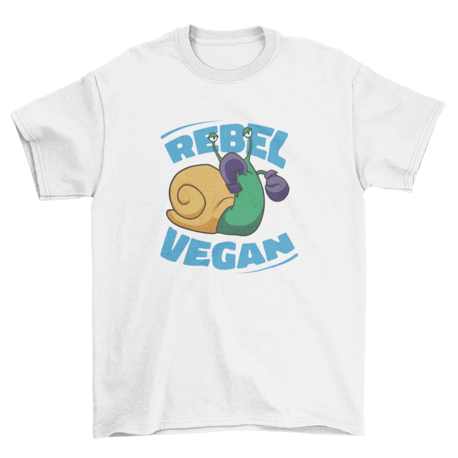 A stylish t-shirt featuring a boxing snail graphic and the quote 'Rebel Vegan', perfect for casual wear.