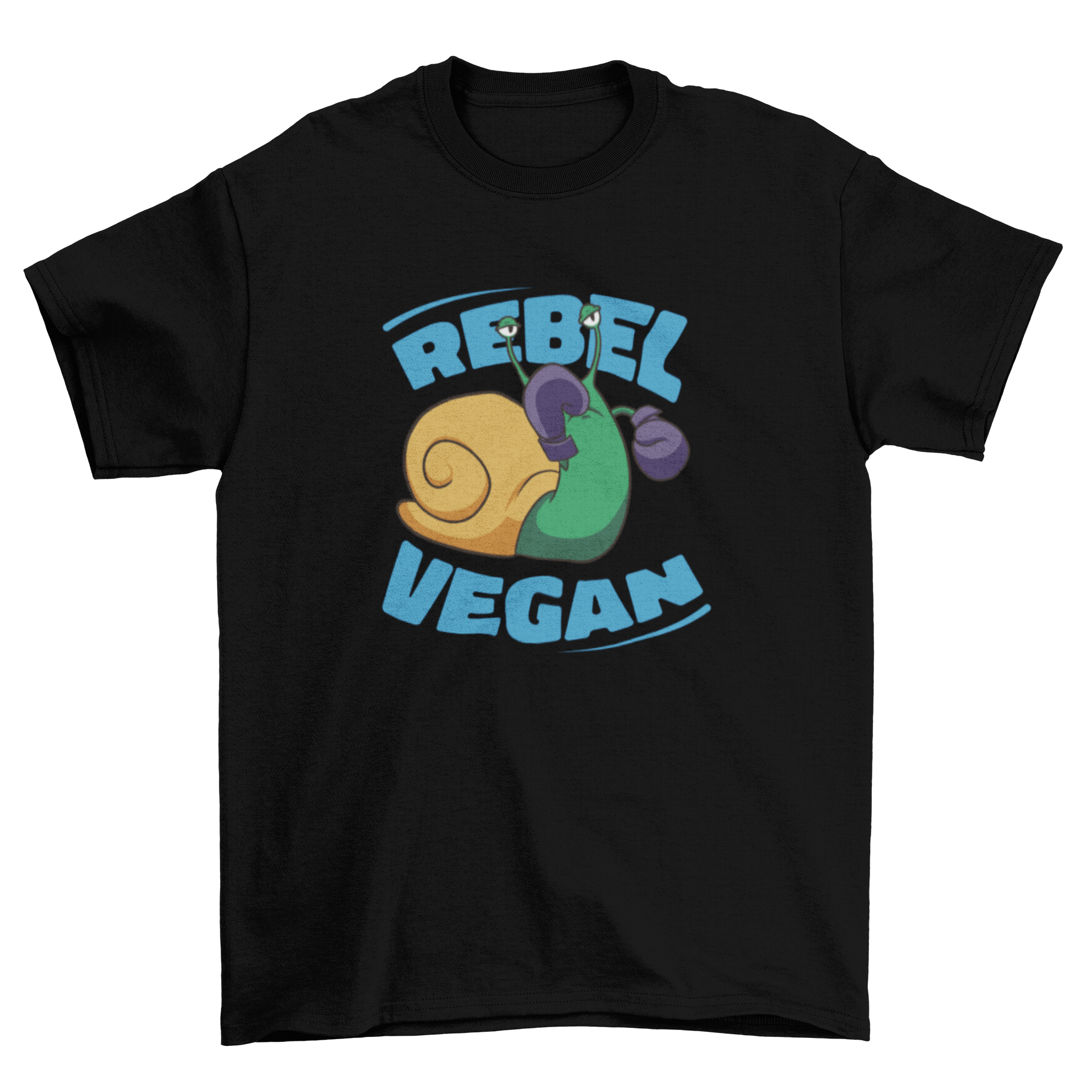 A stylish t-shirt featuring a boxing snail graphic and the quote 'Rebel Vegan', perfect for casual wear.