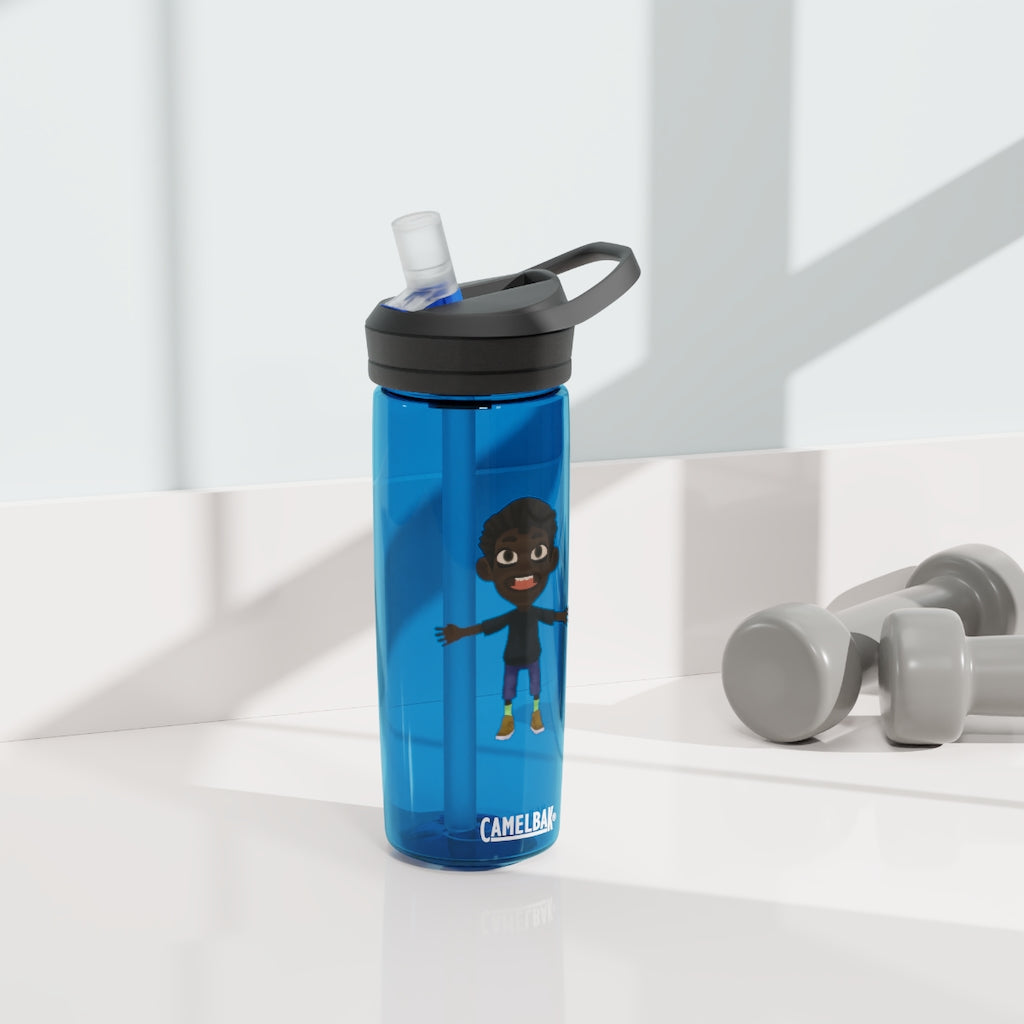 Boy CamelBak Eddy® Water Bottle in 20oz and 25oz sizes, showcasing durable Tritan™ material and spill-proof design.