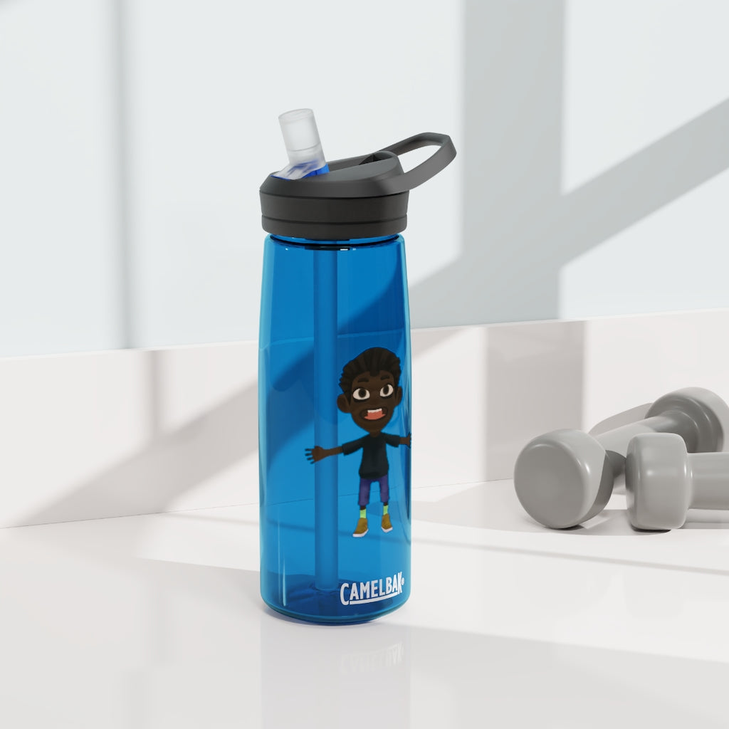 Boy CamelBak Eddy® Water Bottle in 20oz and 25oz sizes, showcasing durable Tritan™ material and spill-proof design.