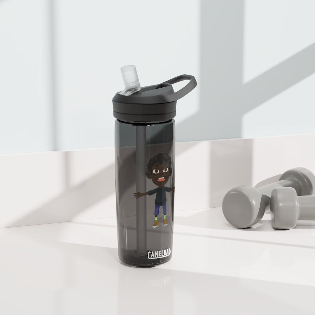 Boy CamelBak Eddy® Water Bottle in 20oz and 25oz sizes, showcasing durable Tritan™ material and spill-proof design.