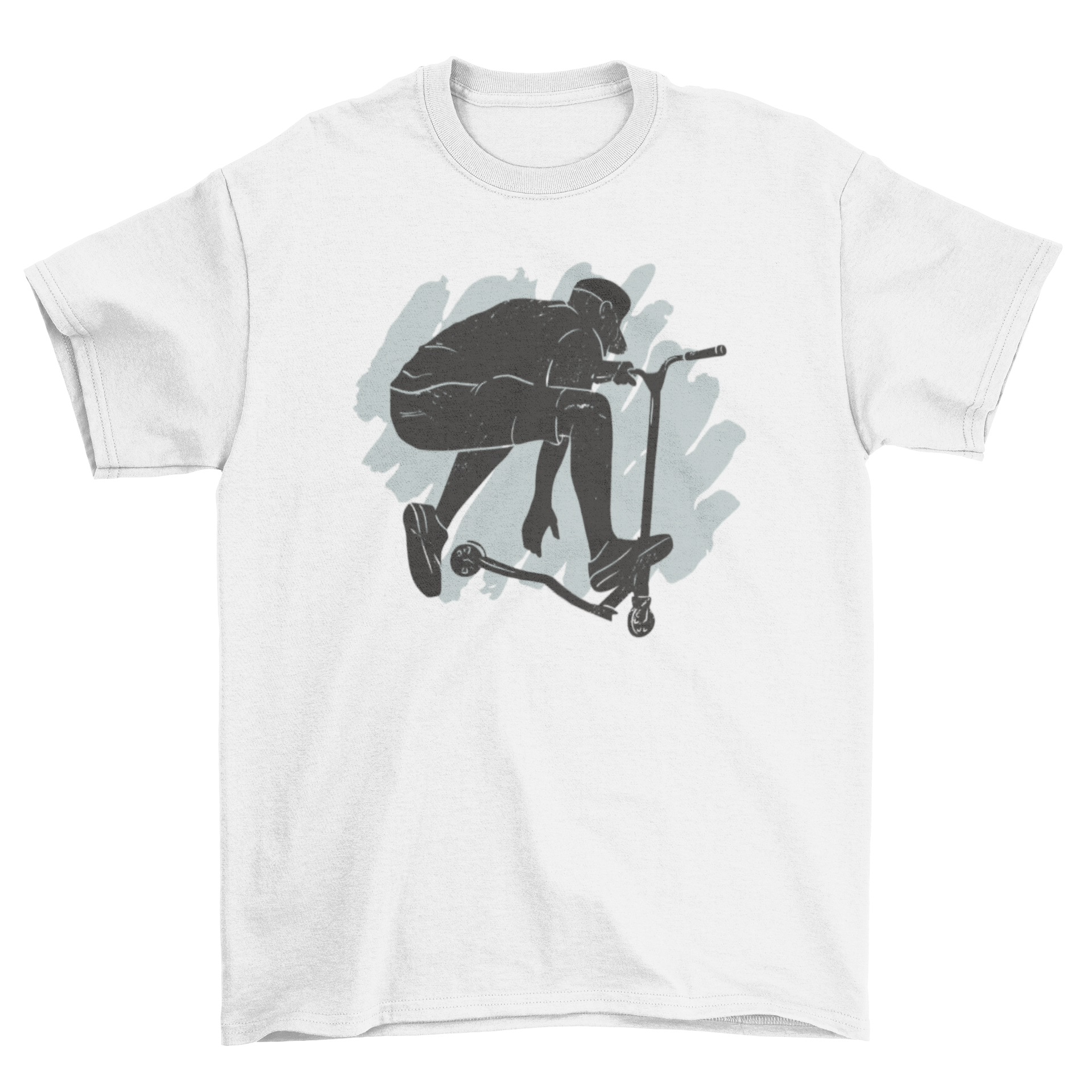 A vibrant t-shirt featuring a boy performing a scooter stunt, showcasing action and adventure.